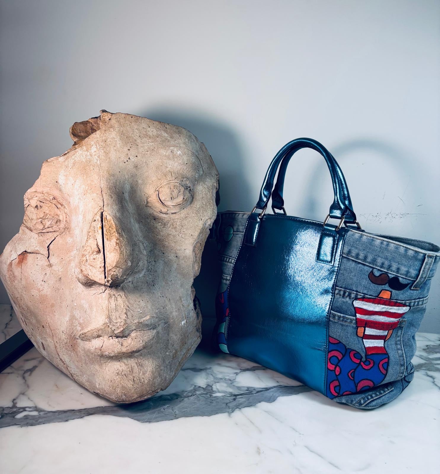 Bubbly Blue Denim Bag- Handpainted - La Bottega di Layla x Mieke Govaerts