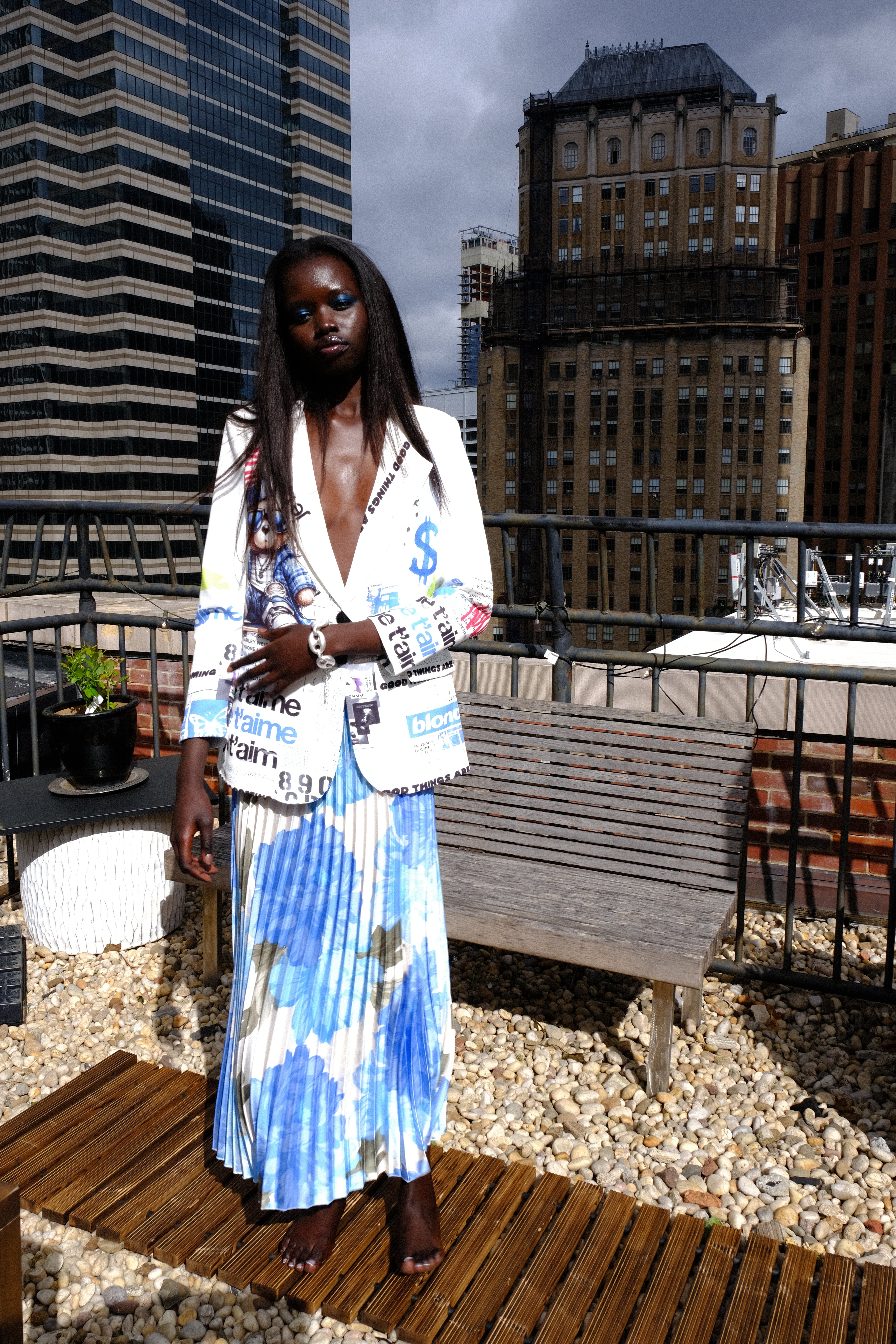 Urban Remix Graffiti White & Blue Casual Blazer - Unique Piece