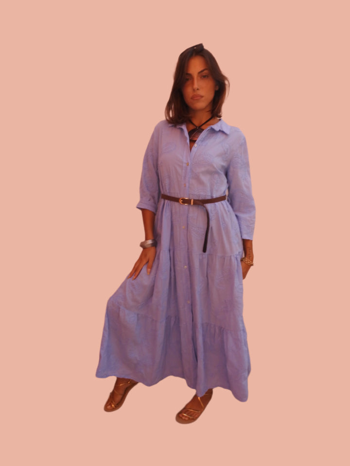 Long blue dress with brown belt