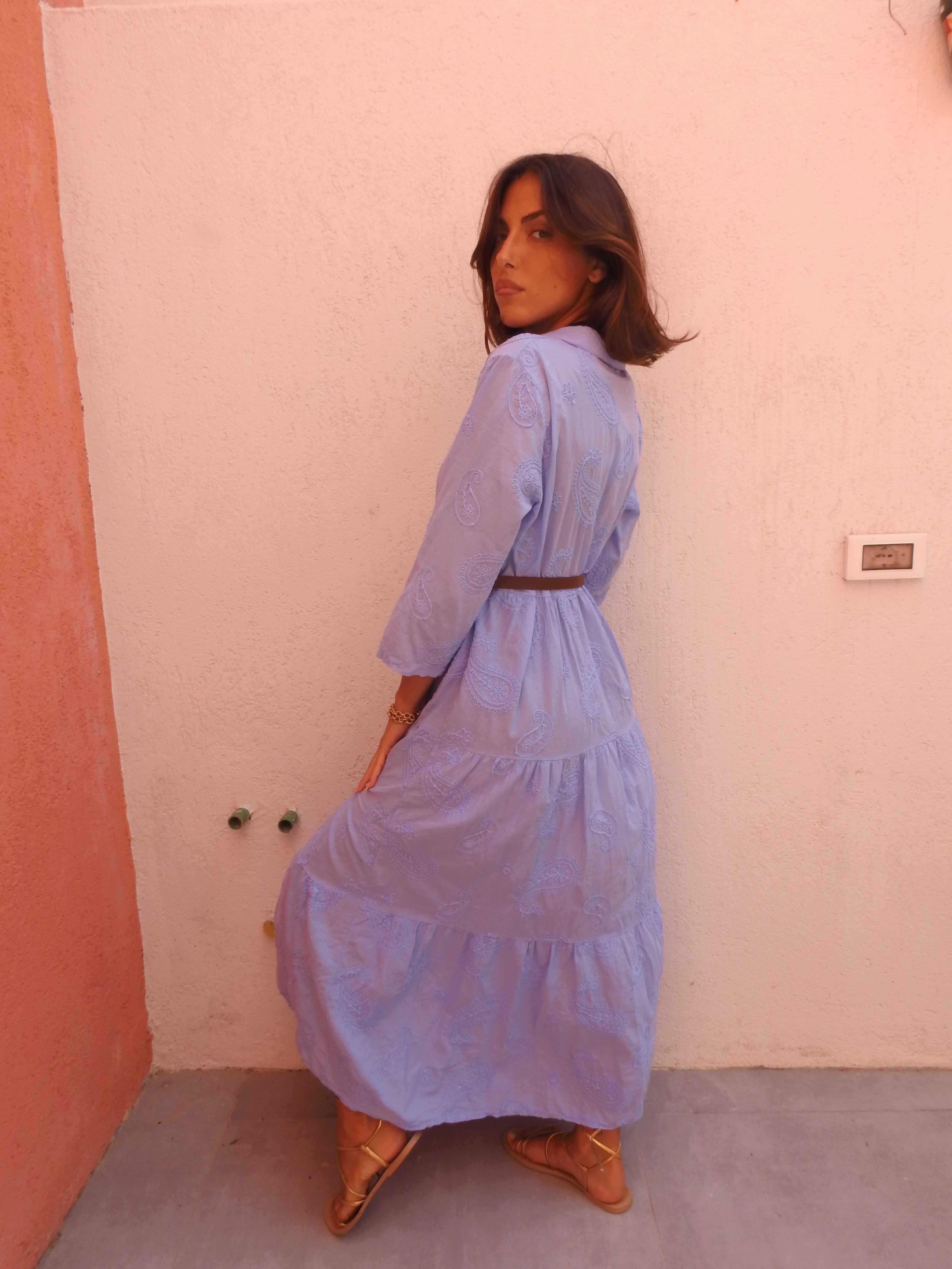 Long blue dress with brown belt