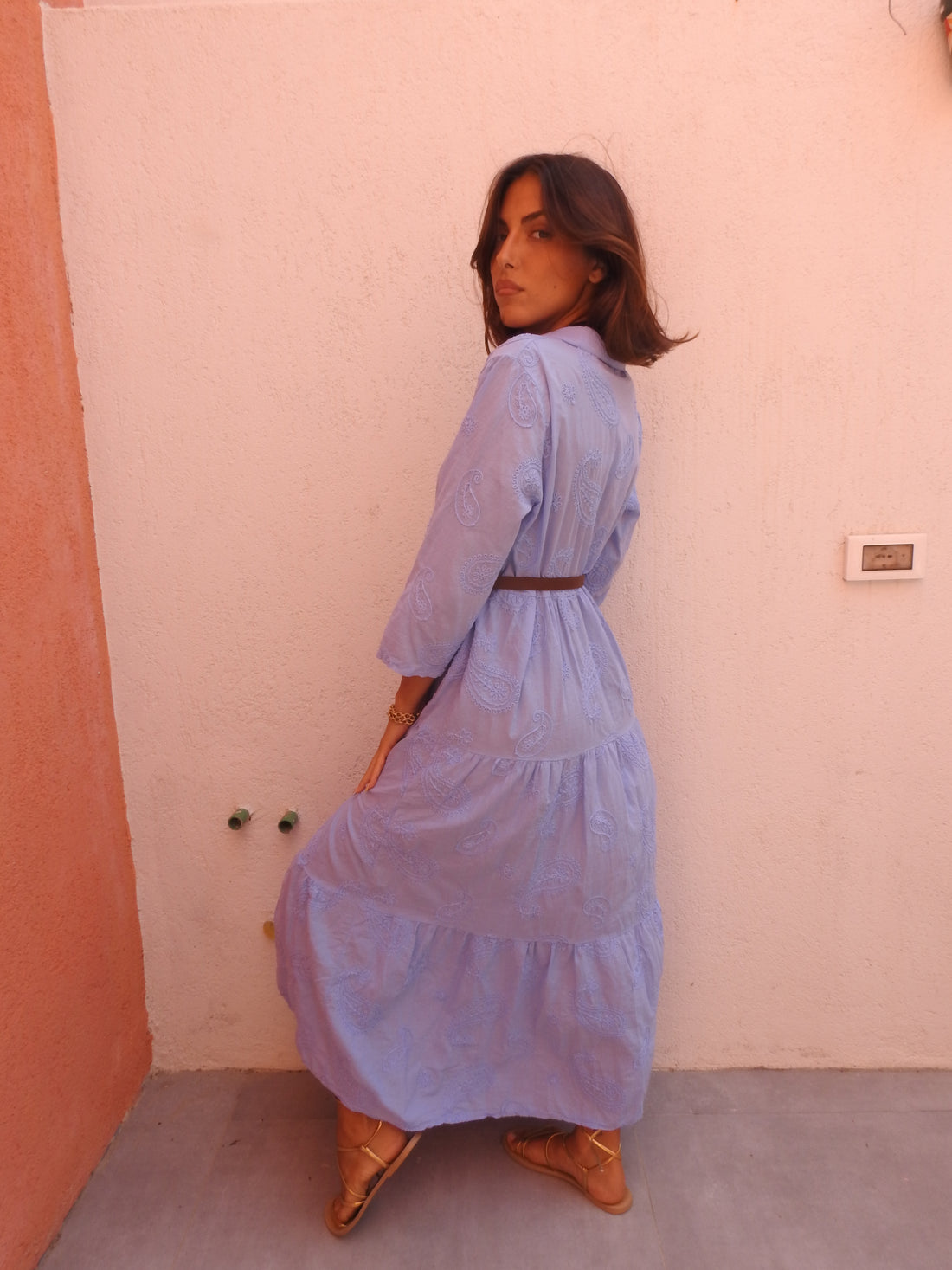 Long blue dress with brown belt