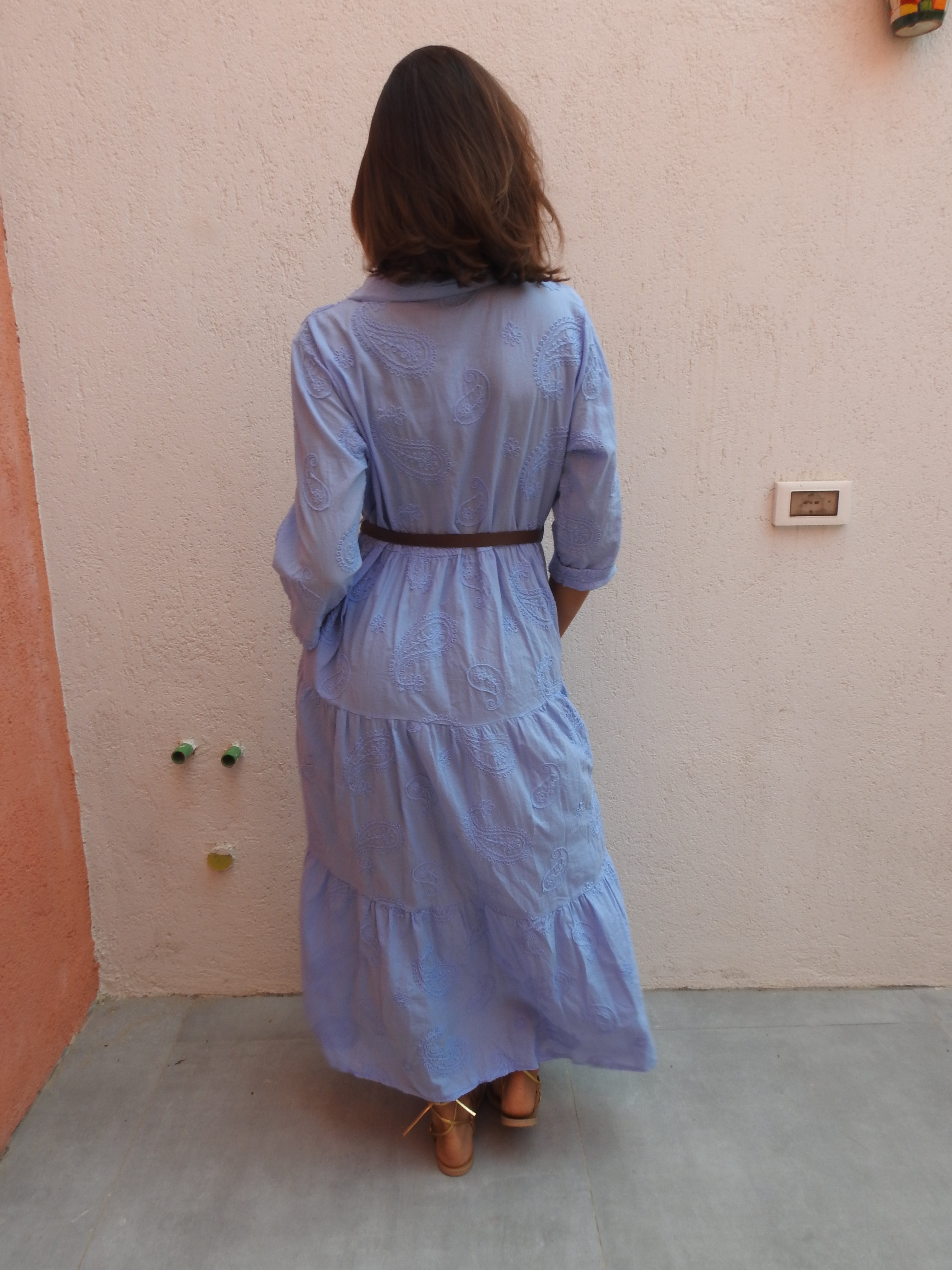 Long blue dress with brown belt