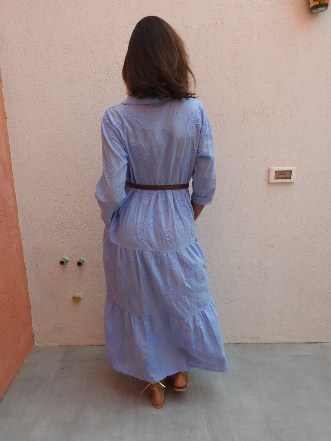 Long blue dress with brown belt