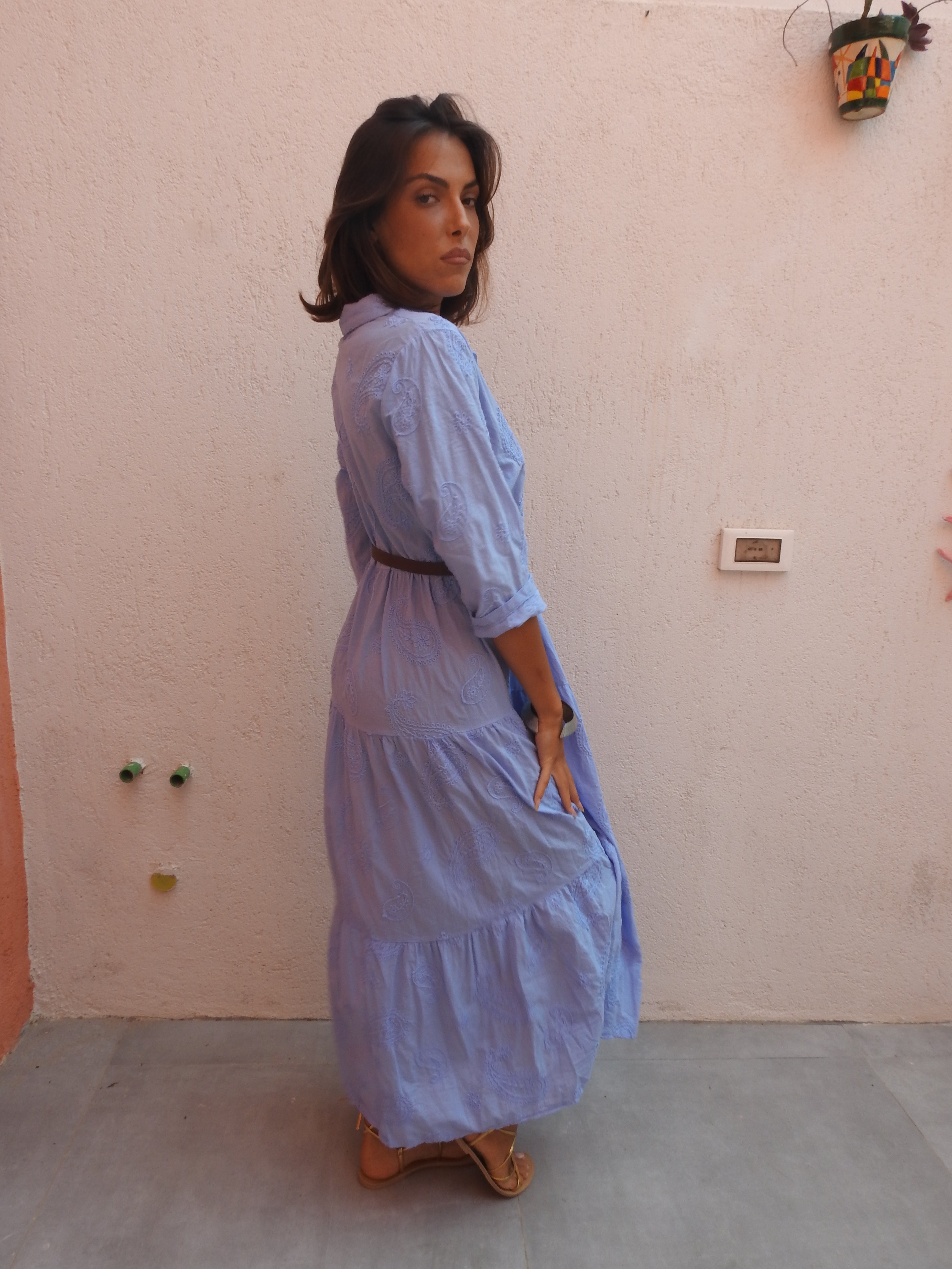 Long blue dress with brown belt