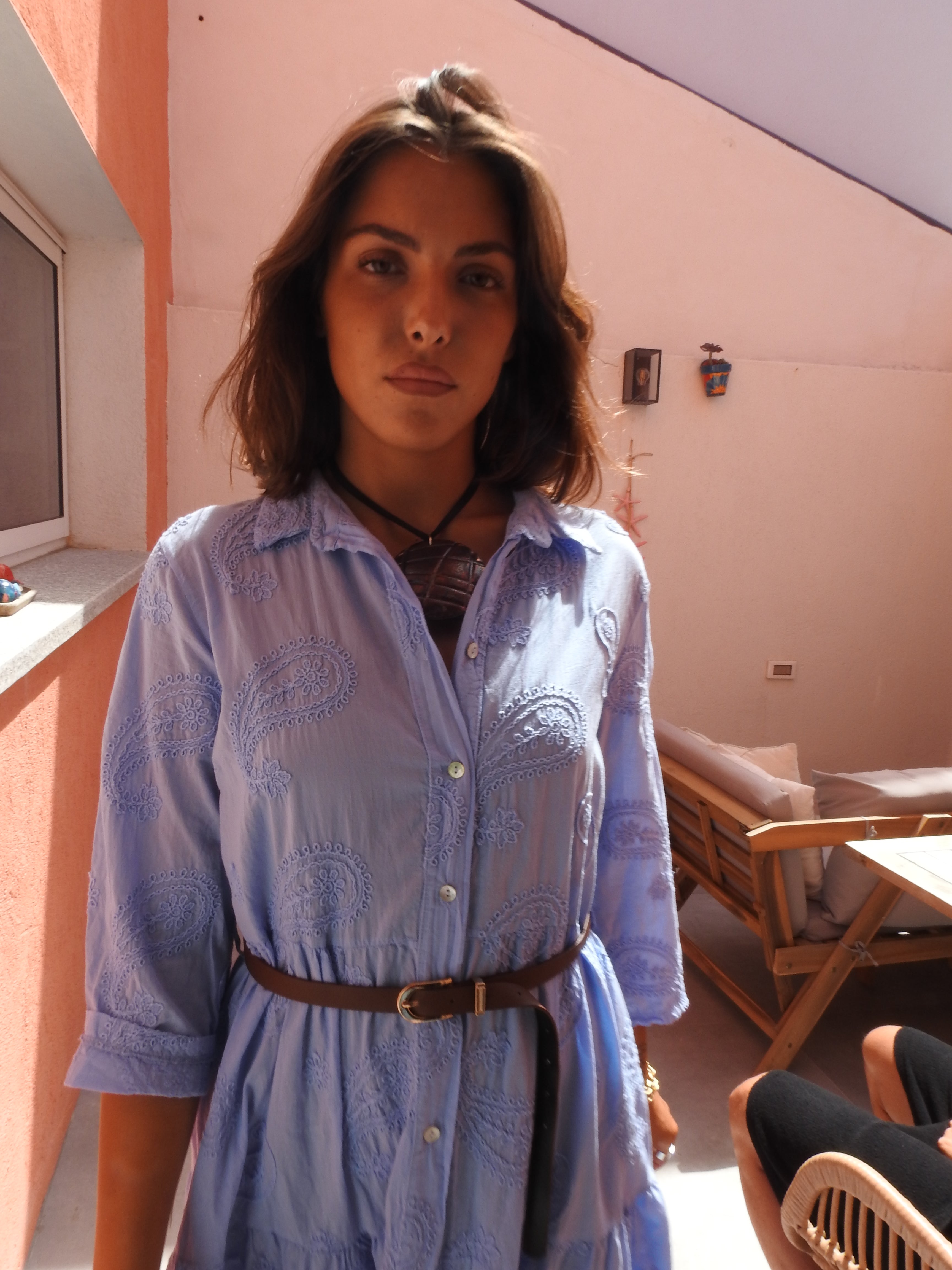 Long blue dress with brown belt