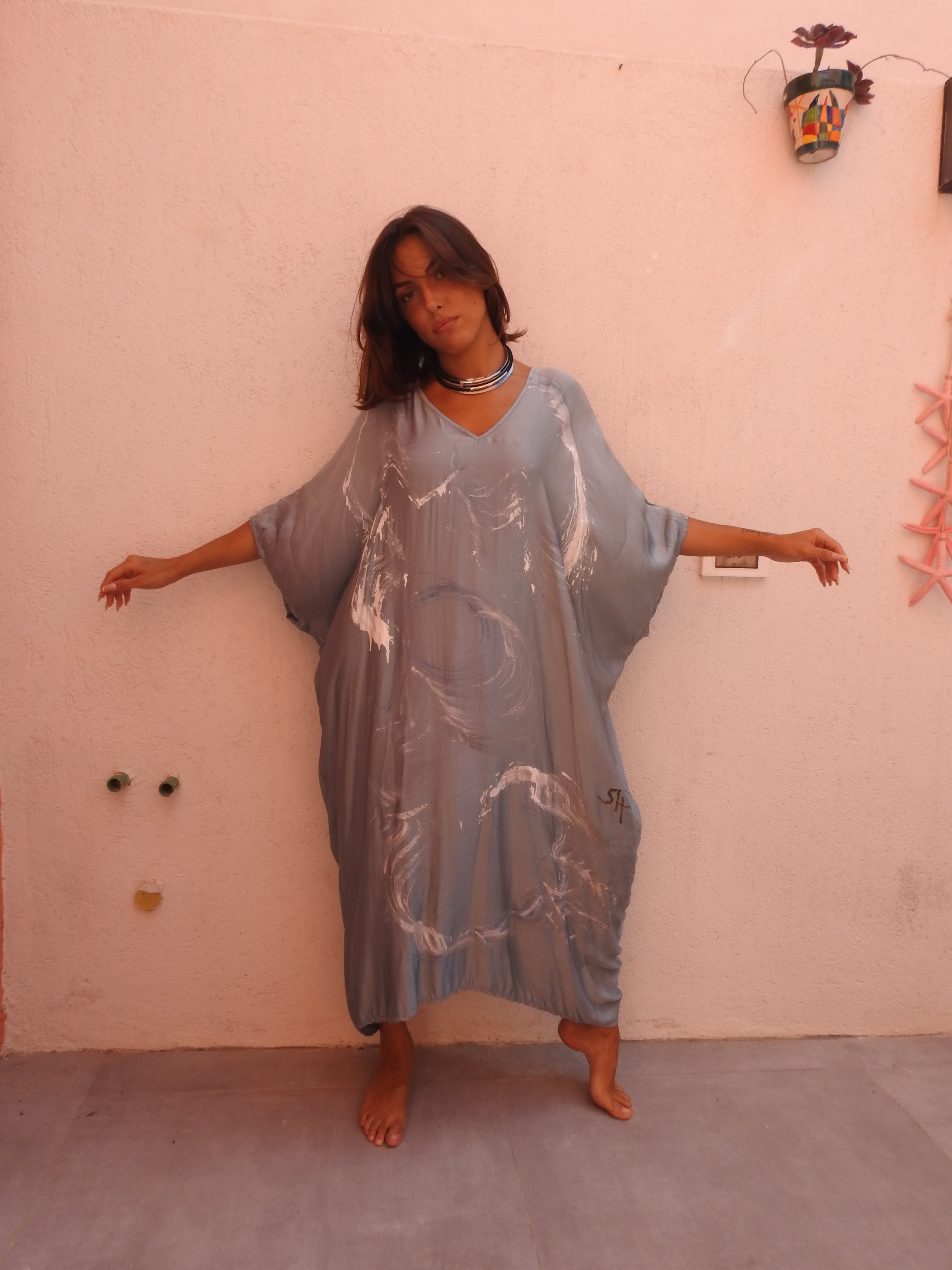 Silk Blue dress with flower paint