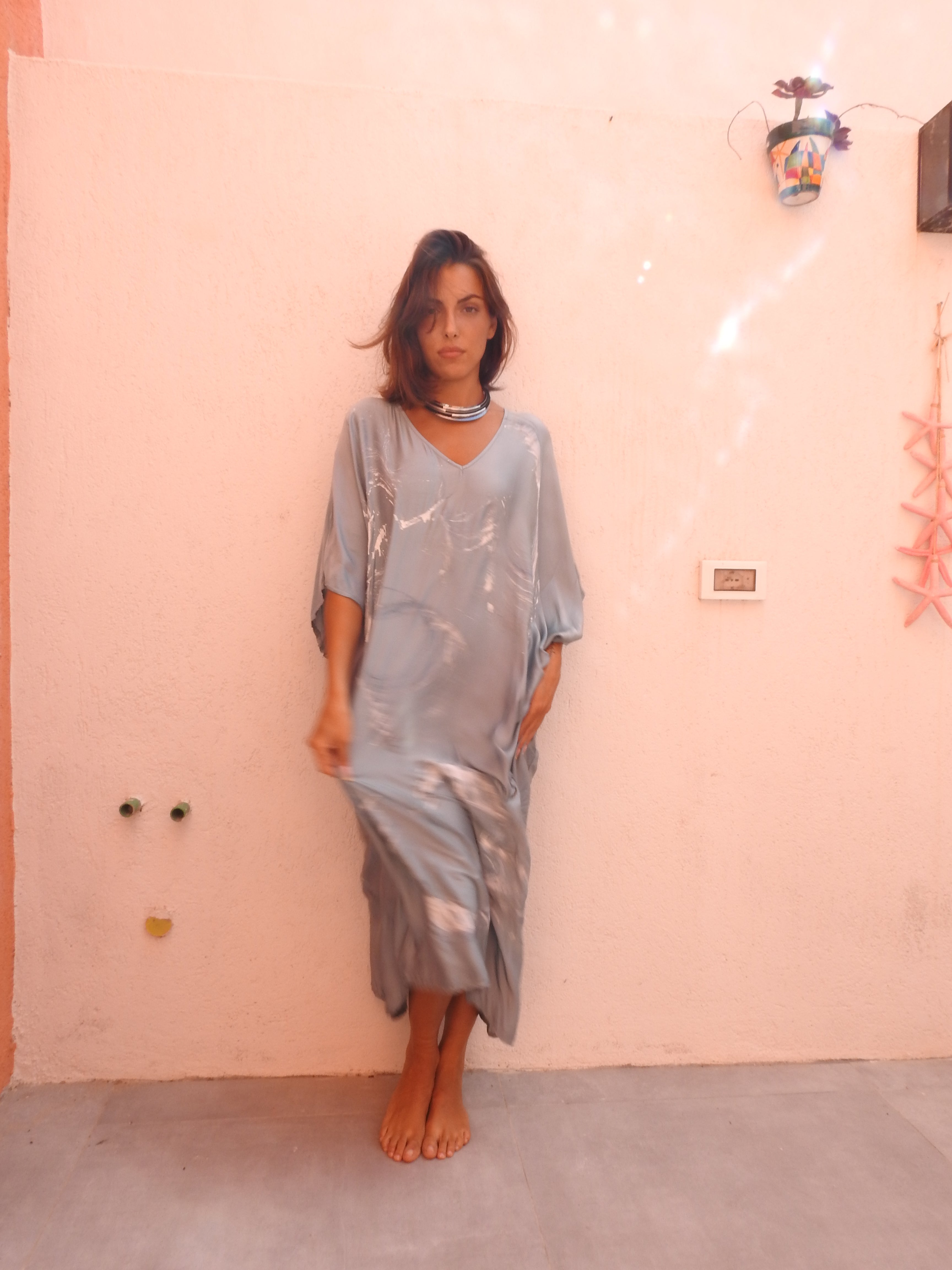 Silk Blue dress with flower paint