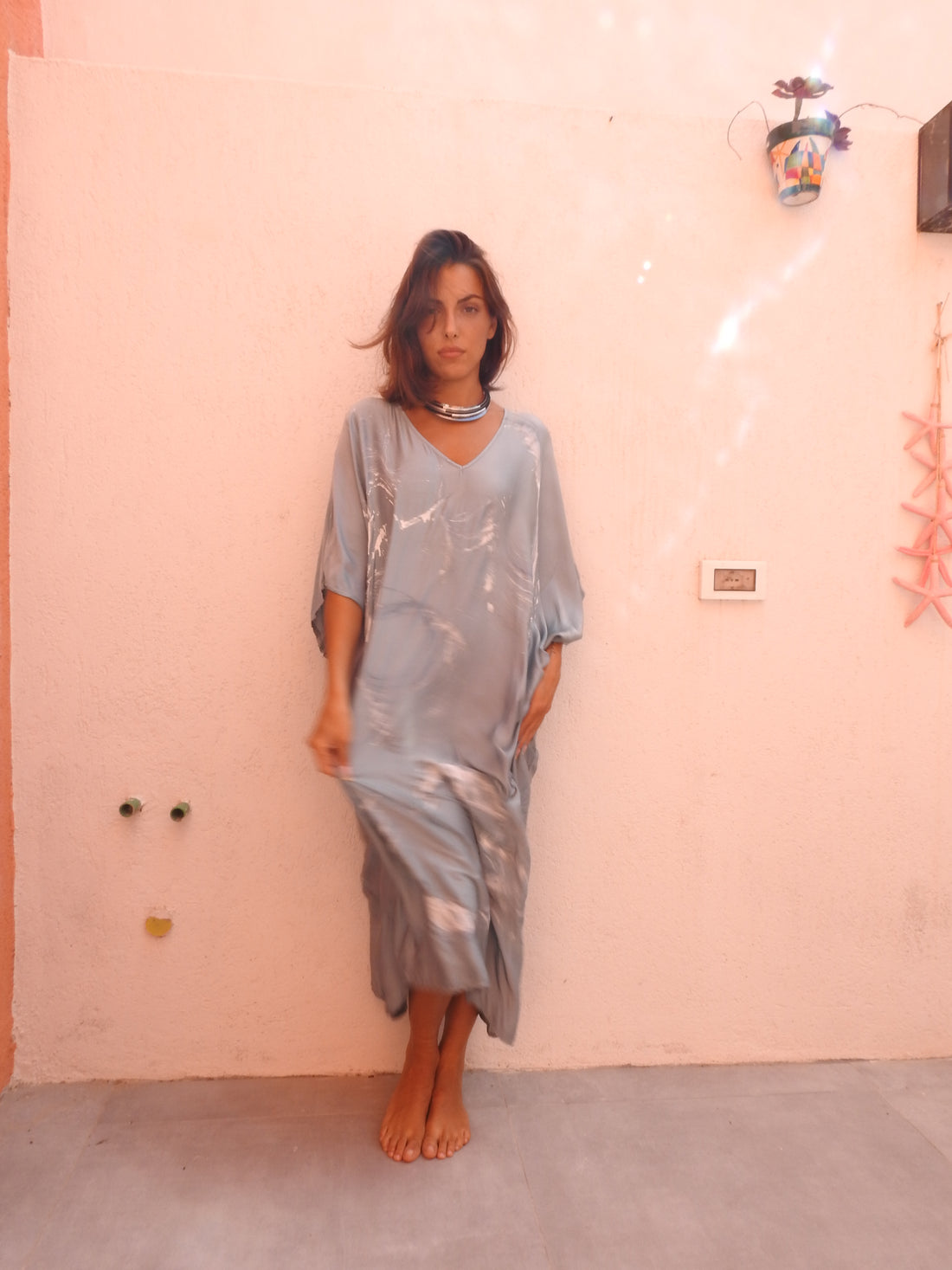 Silk Blue dress with flower paint