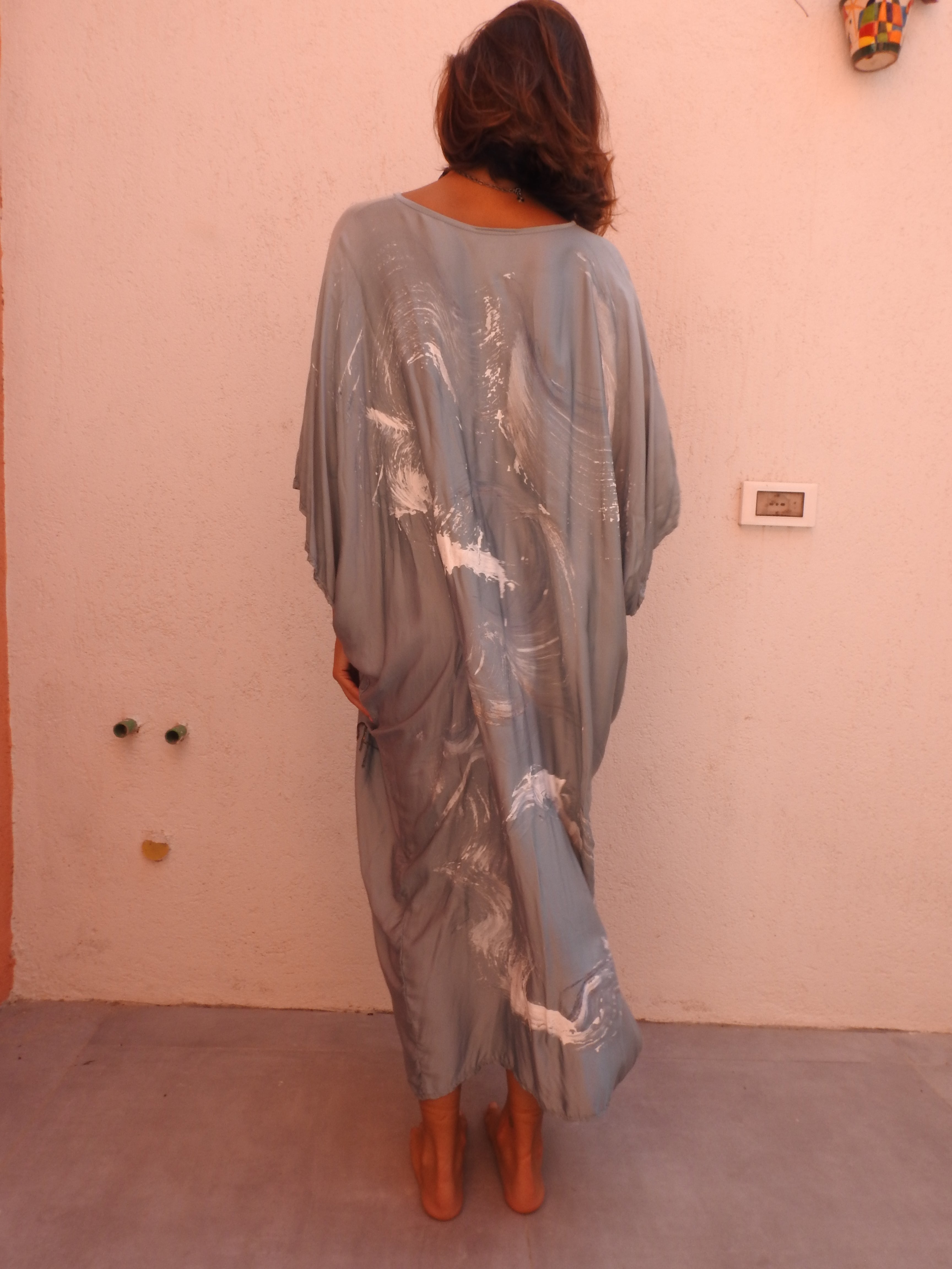 Silk Blue dress with flower paint