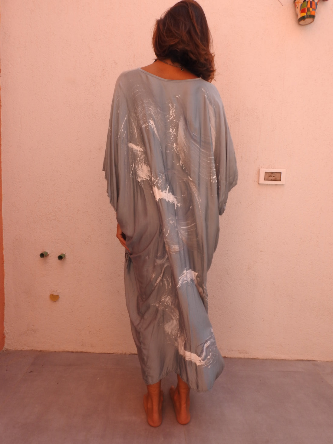 Silk Blue dress with flower paint