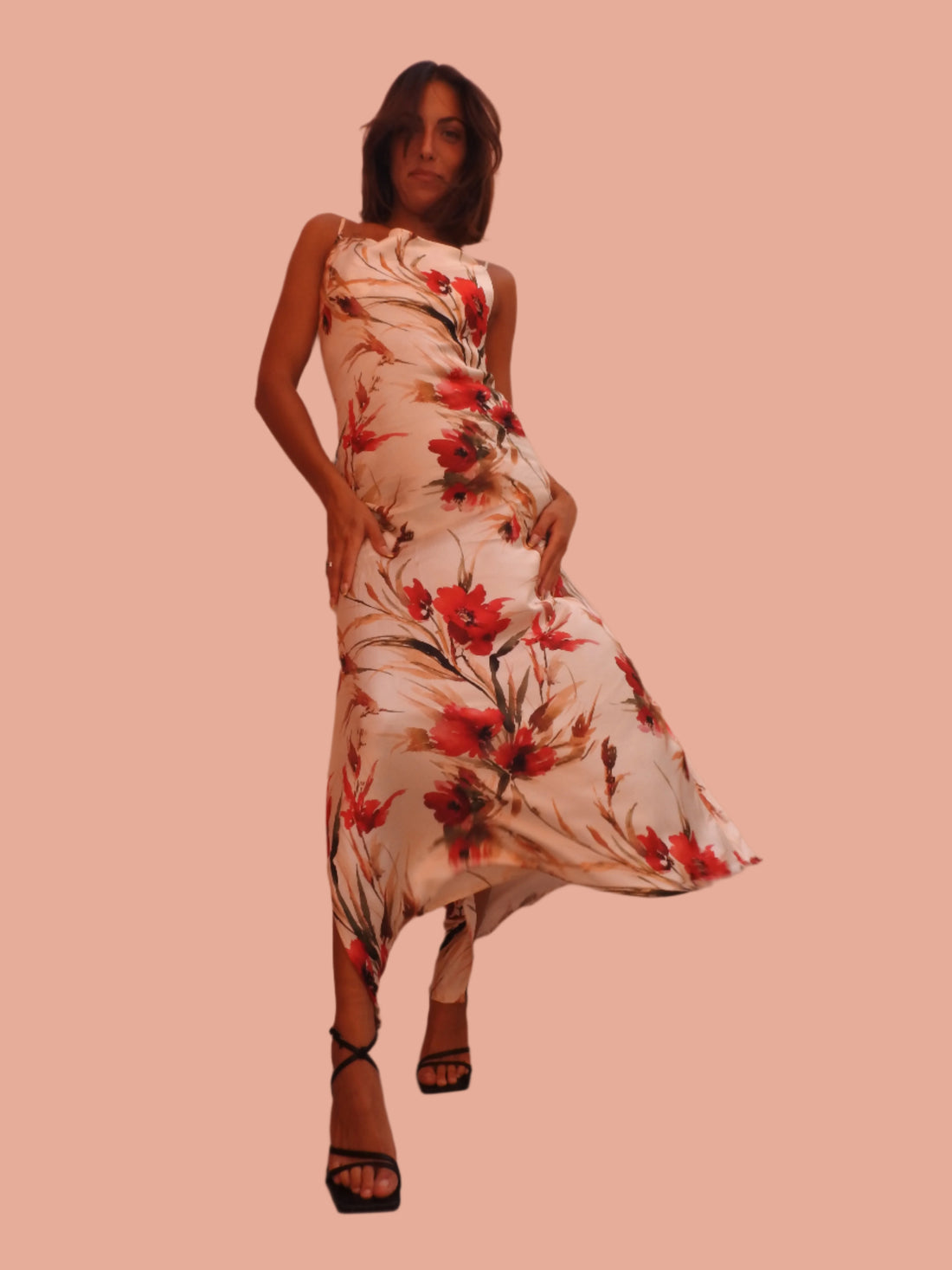 Long floral dress baige and red flowers