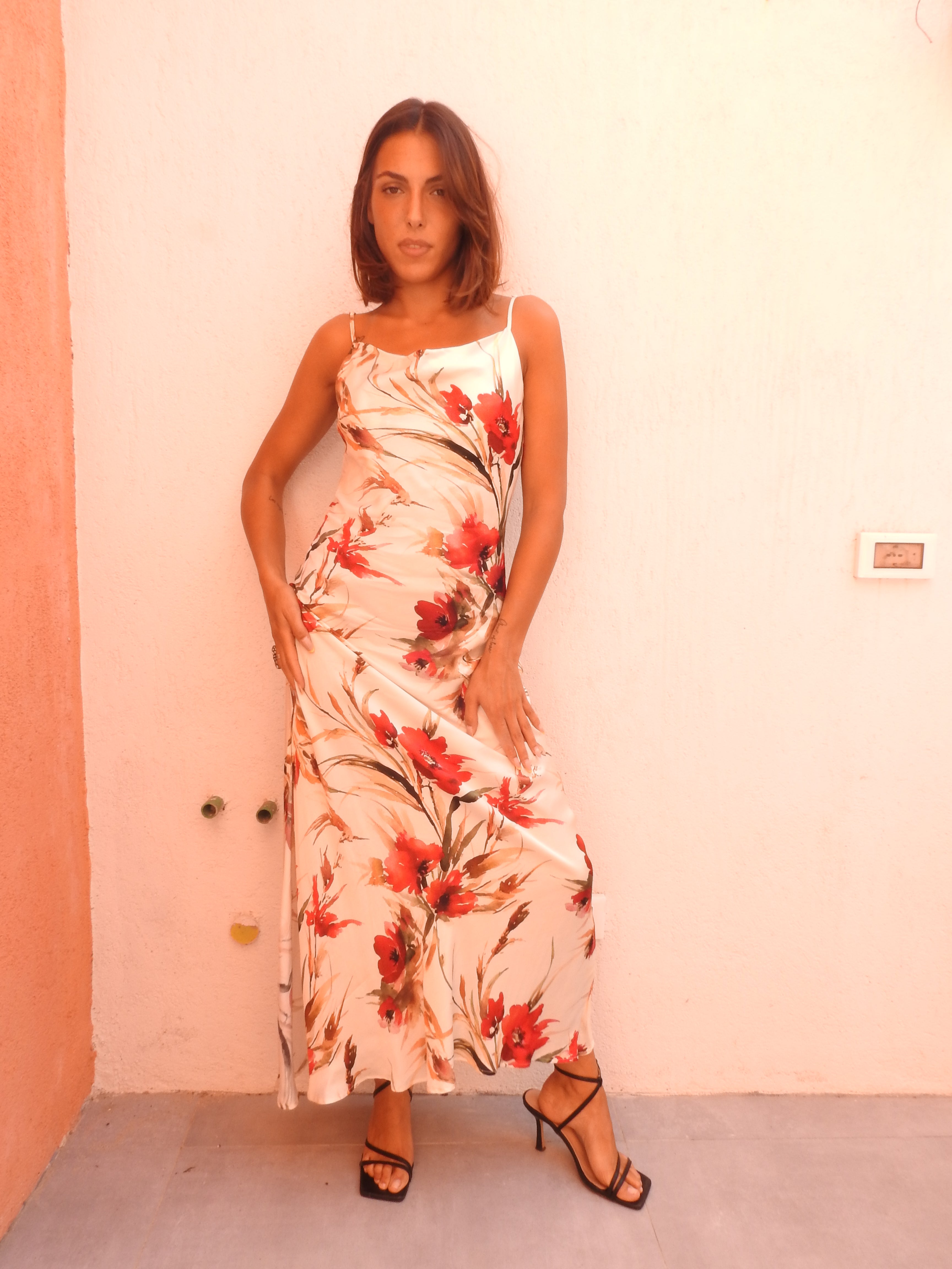 Long floral dress baige and red flowers