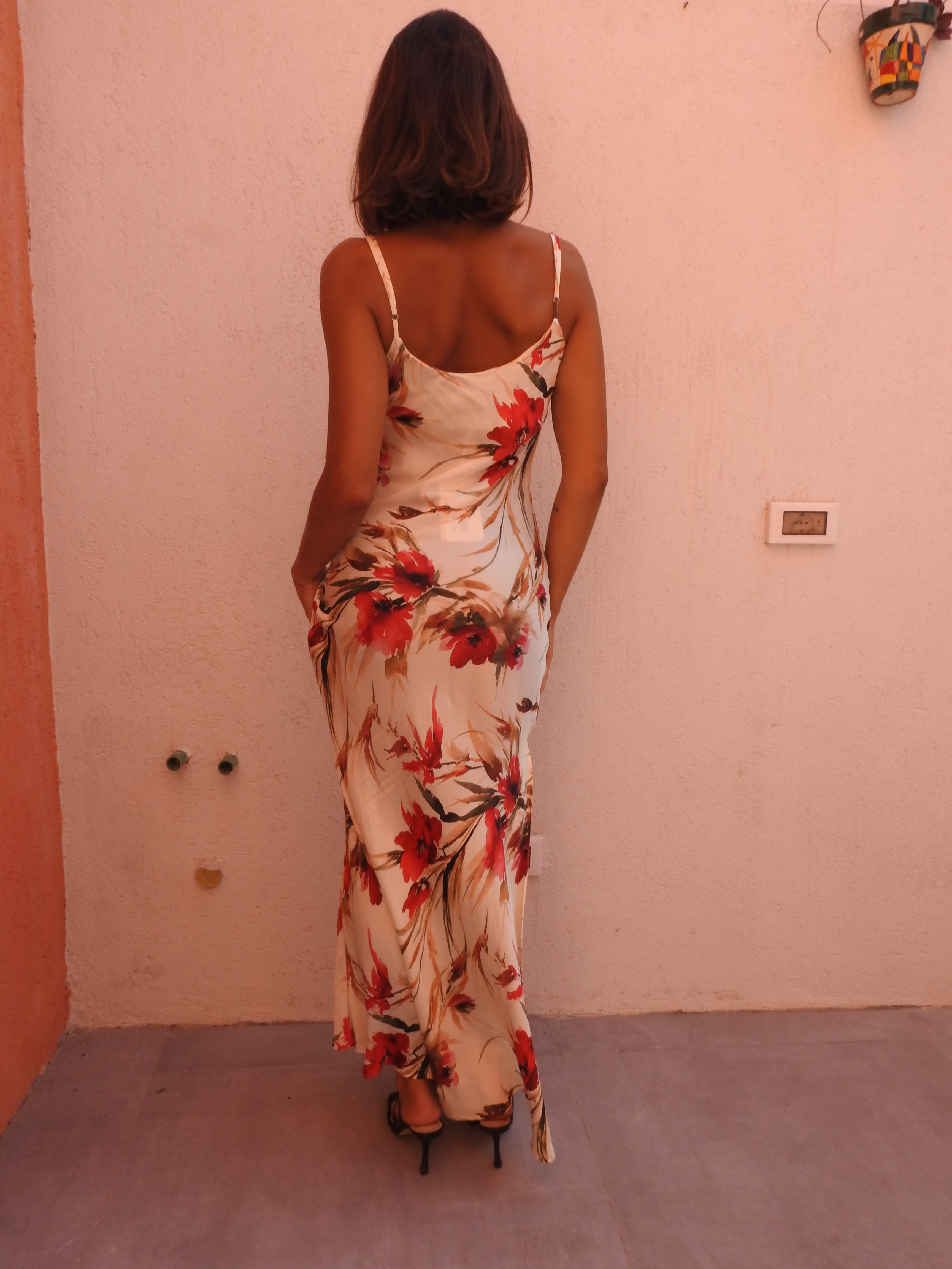 Long floral dress baige and red flowers