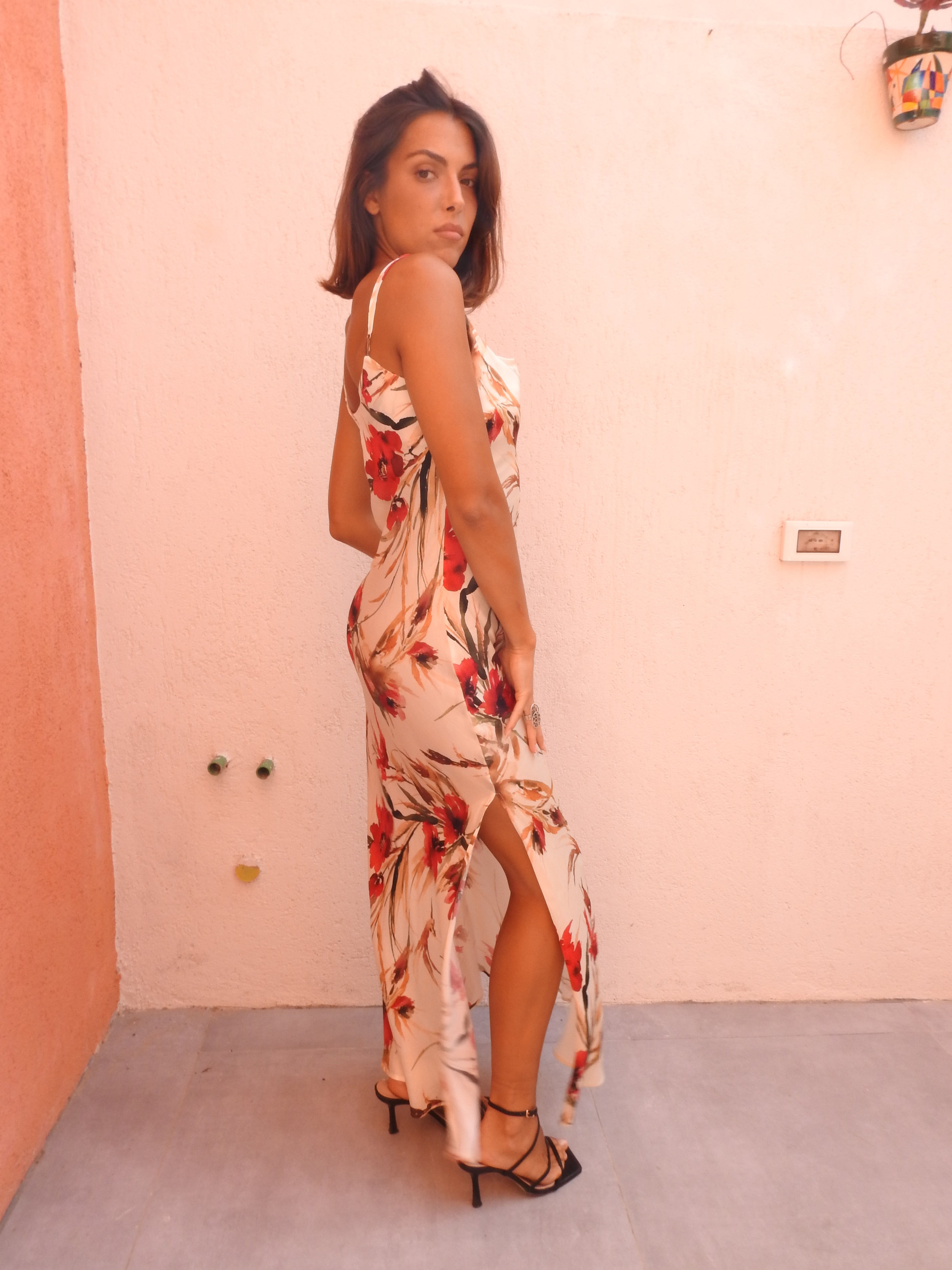 Long floral dress baige and red flowers