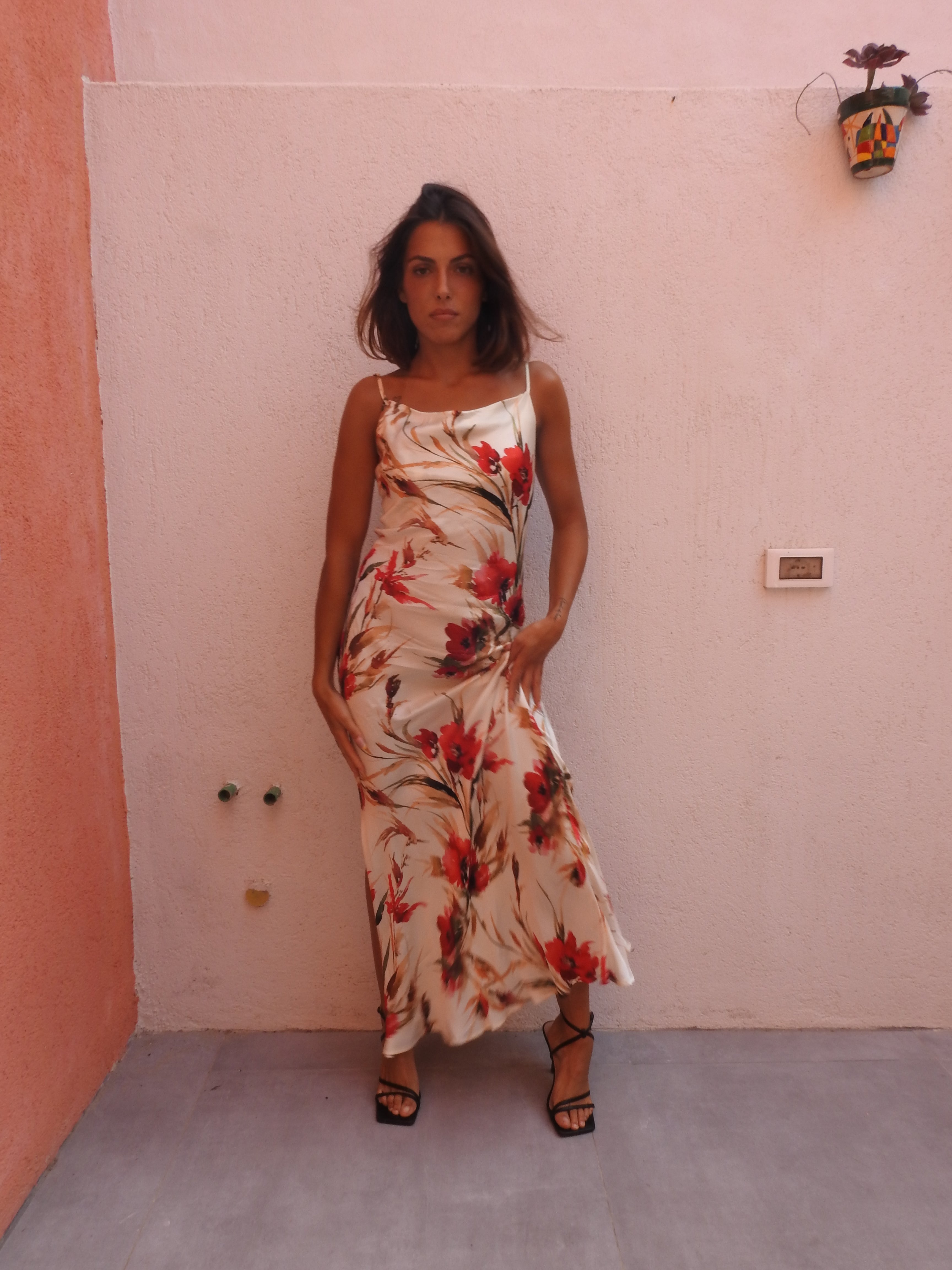 Long floral dress baige and red flowers