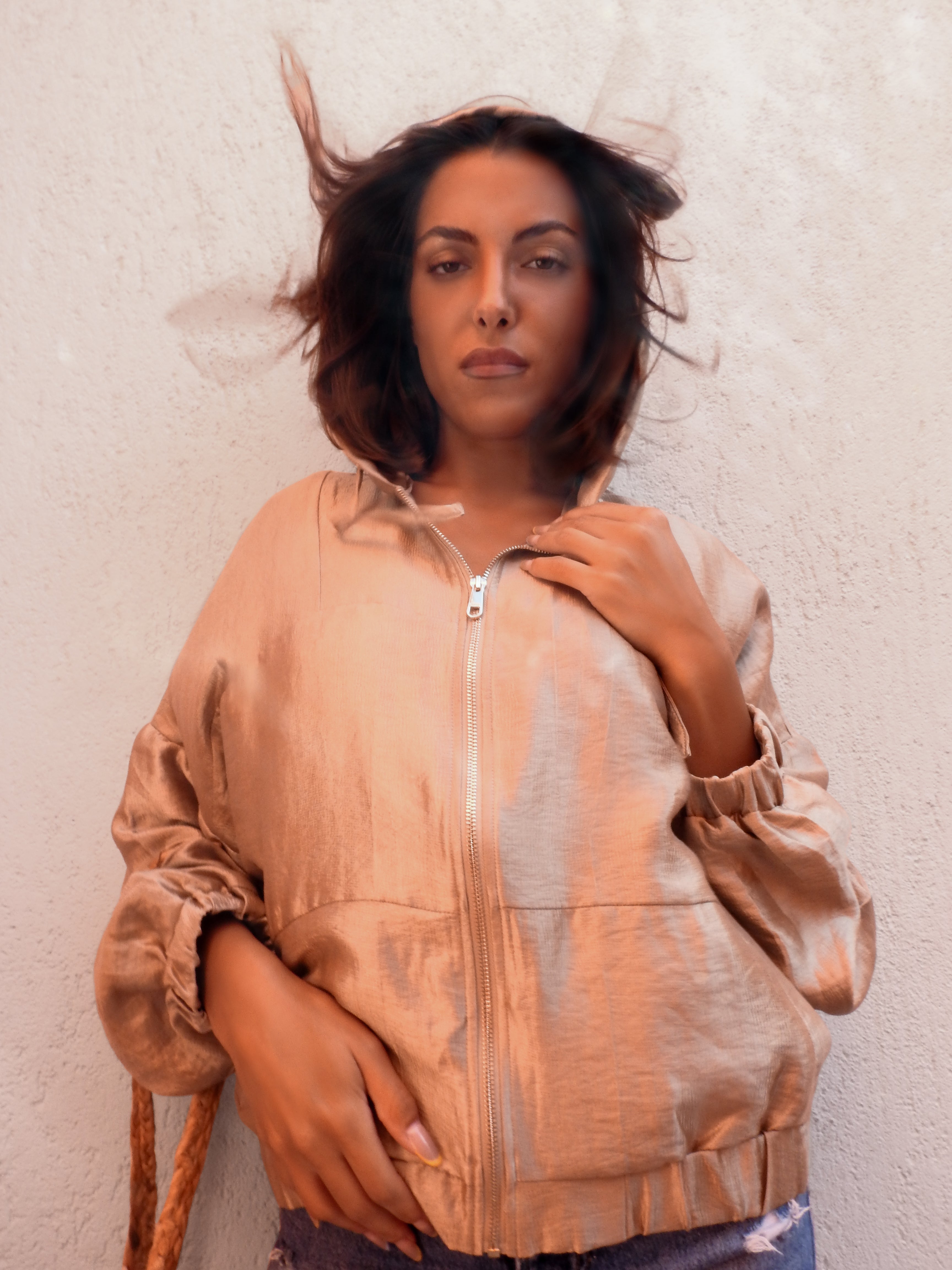 Champagne-gold zip-up hoodie