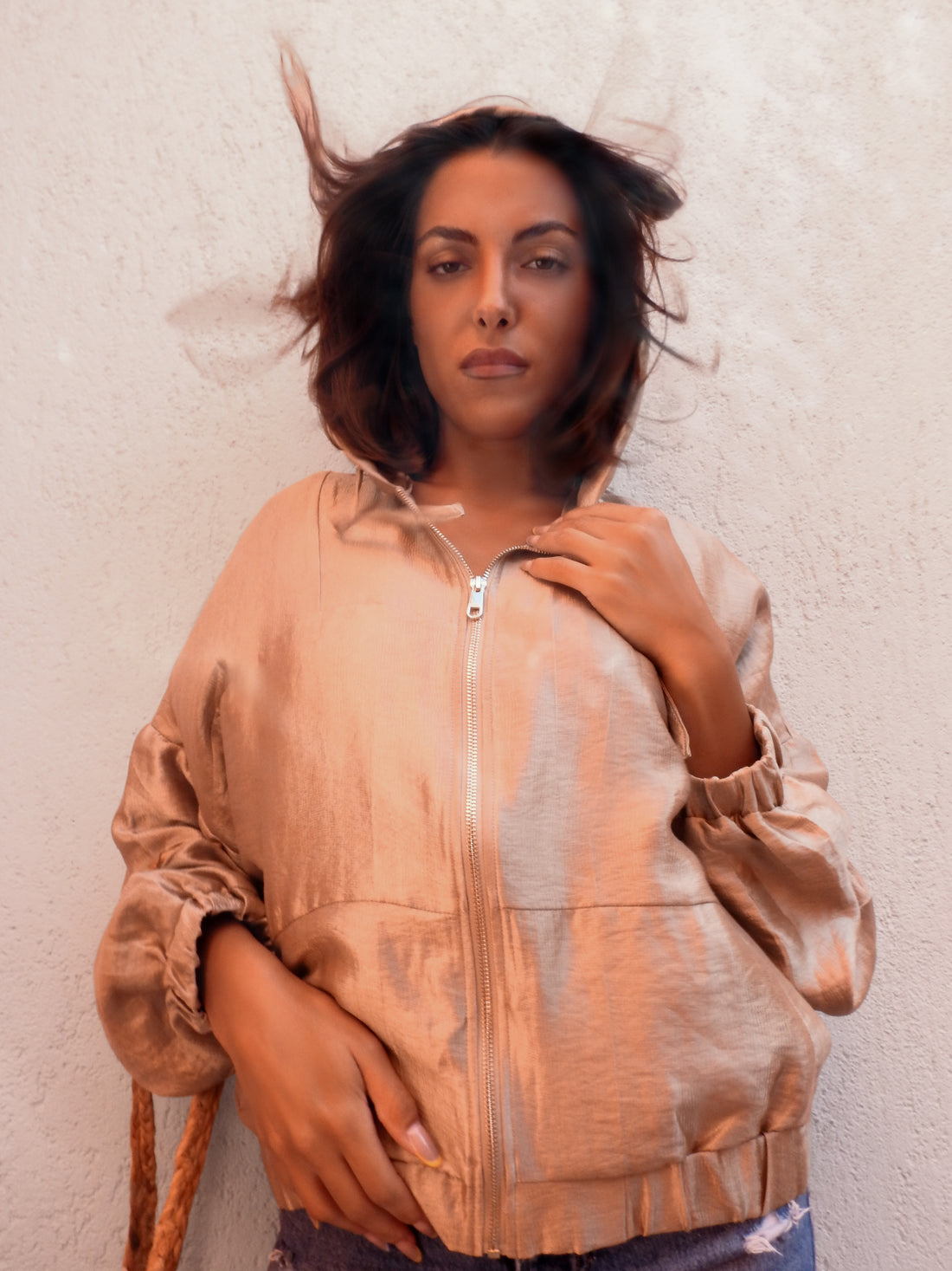 Champagne-gold zip-up hoodie