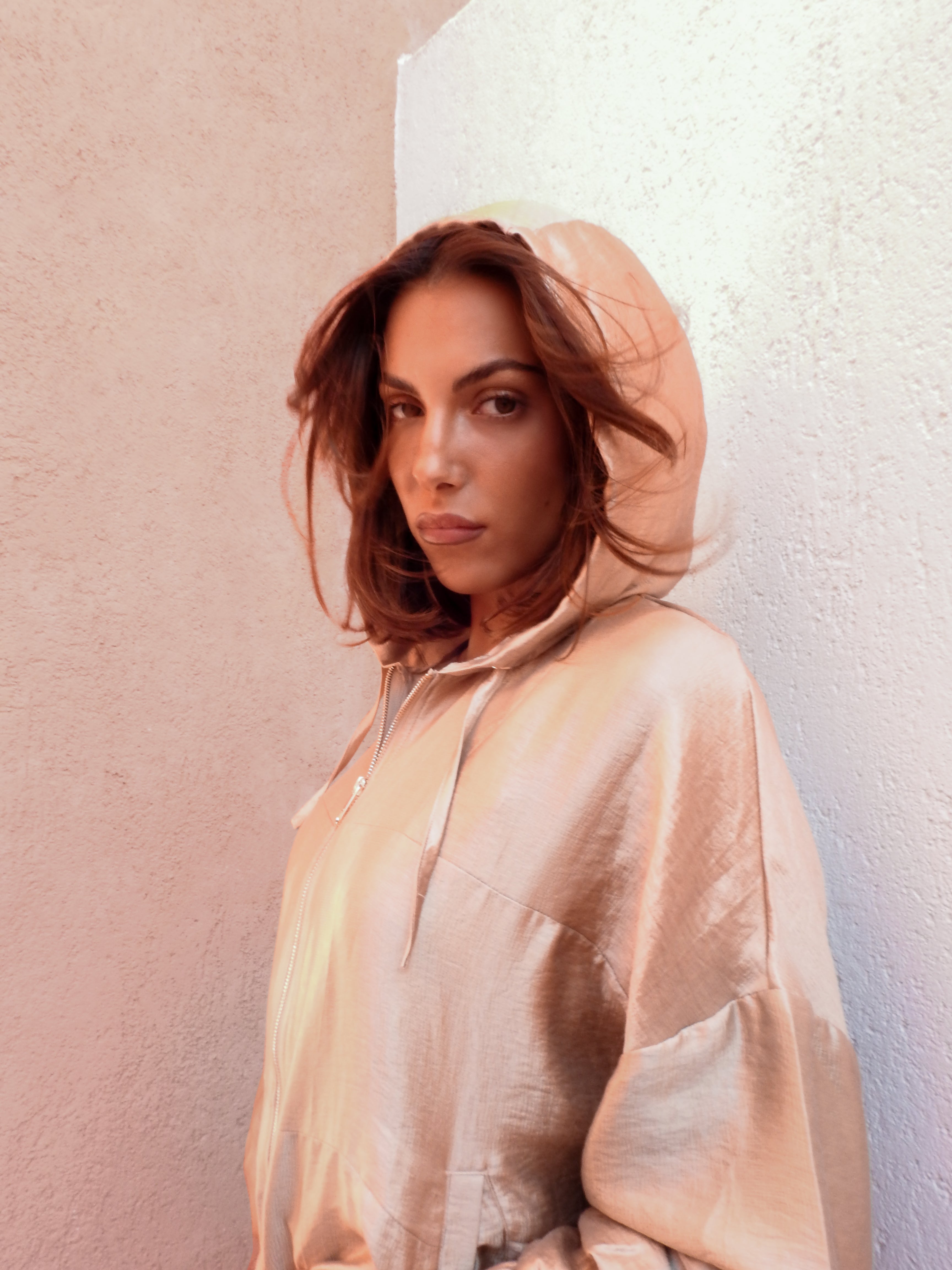 Champagne-gold zip-up hoodie