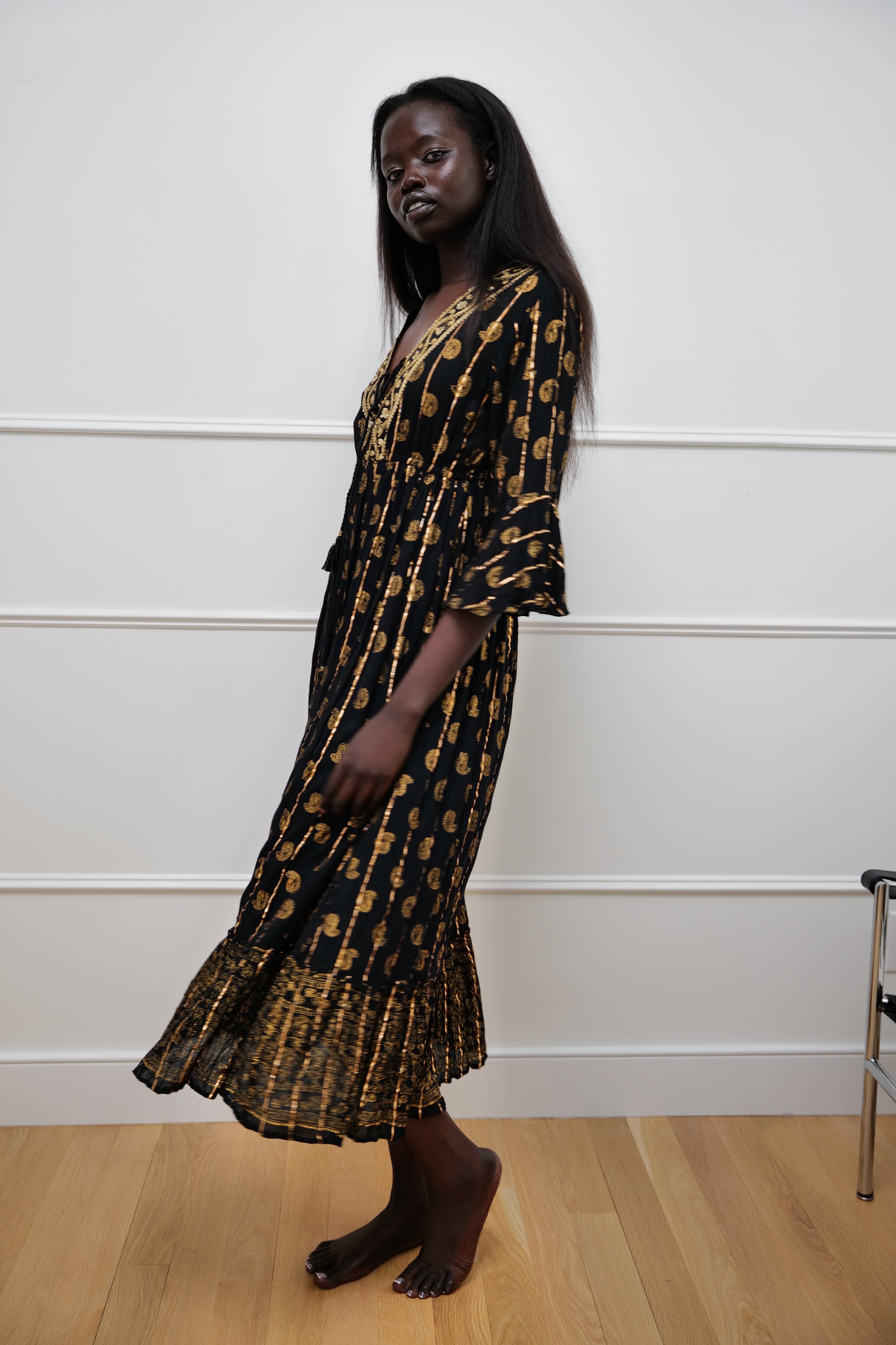 Midnight Muse Maxi Dress - Black with gold sequin - One Size