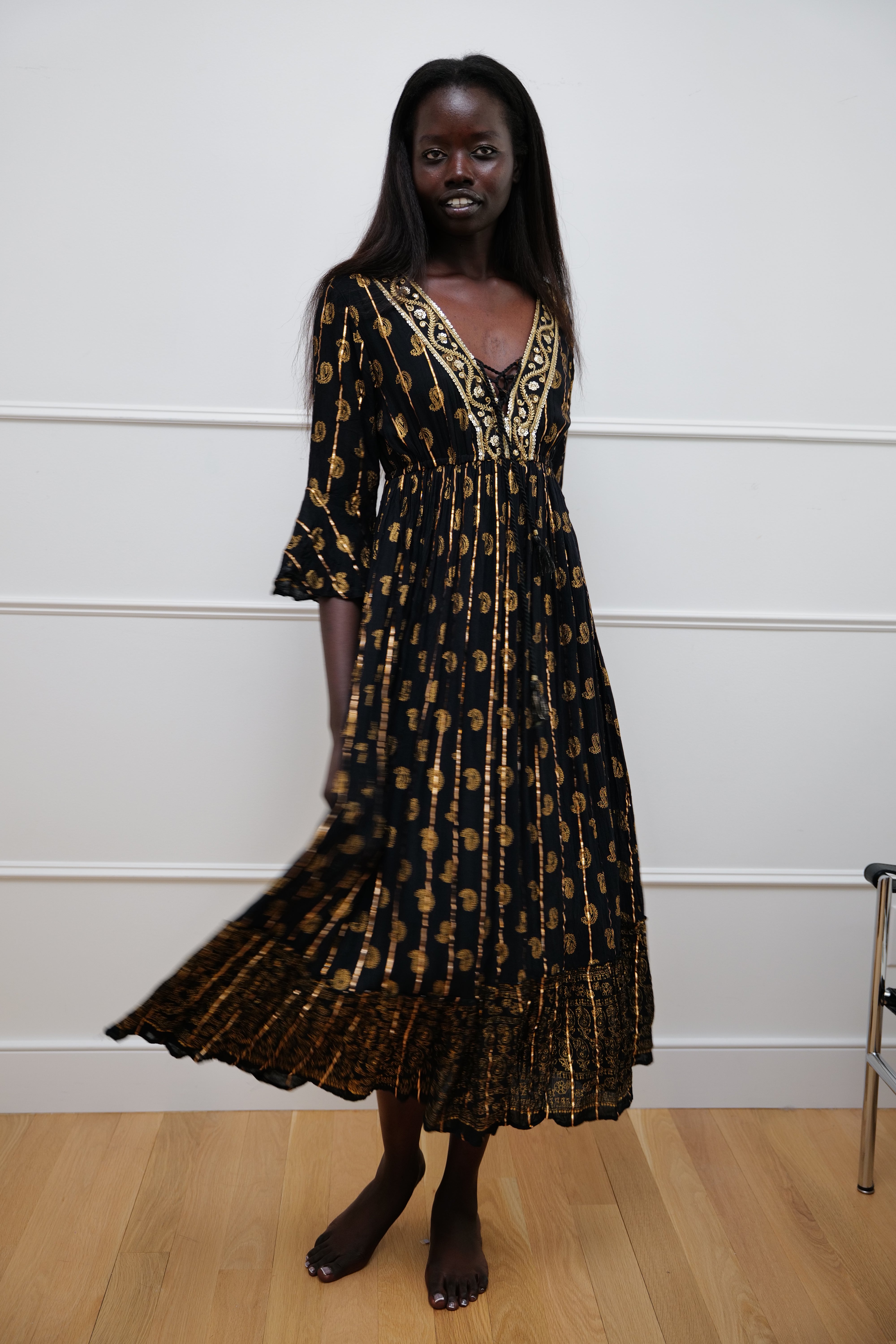 Midnight Muse Maxi Dress - Black with gold sequin - One Size