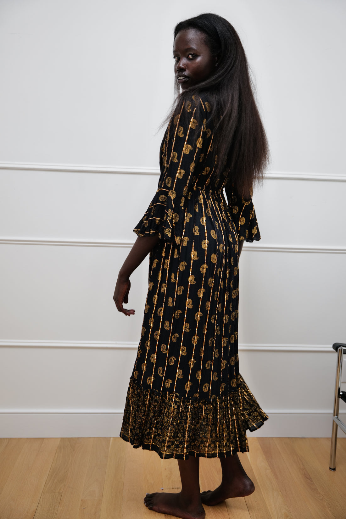 Midnight Muse Maxi Dress - Black with gold sequin - One Size