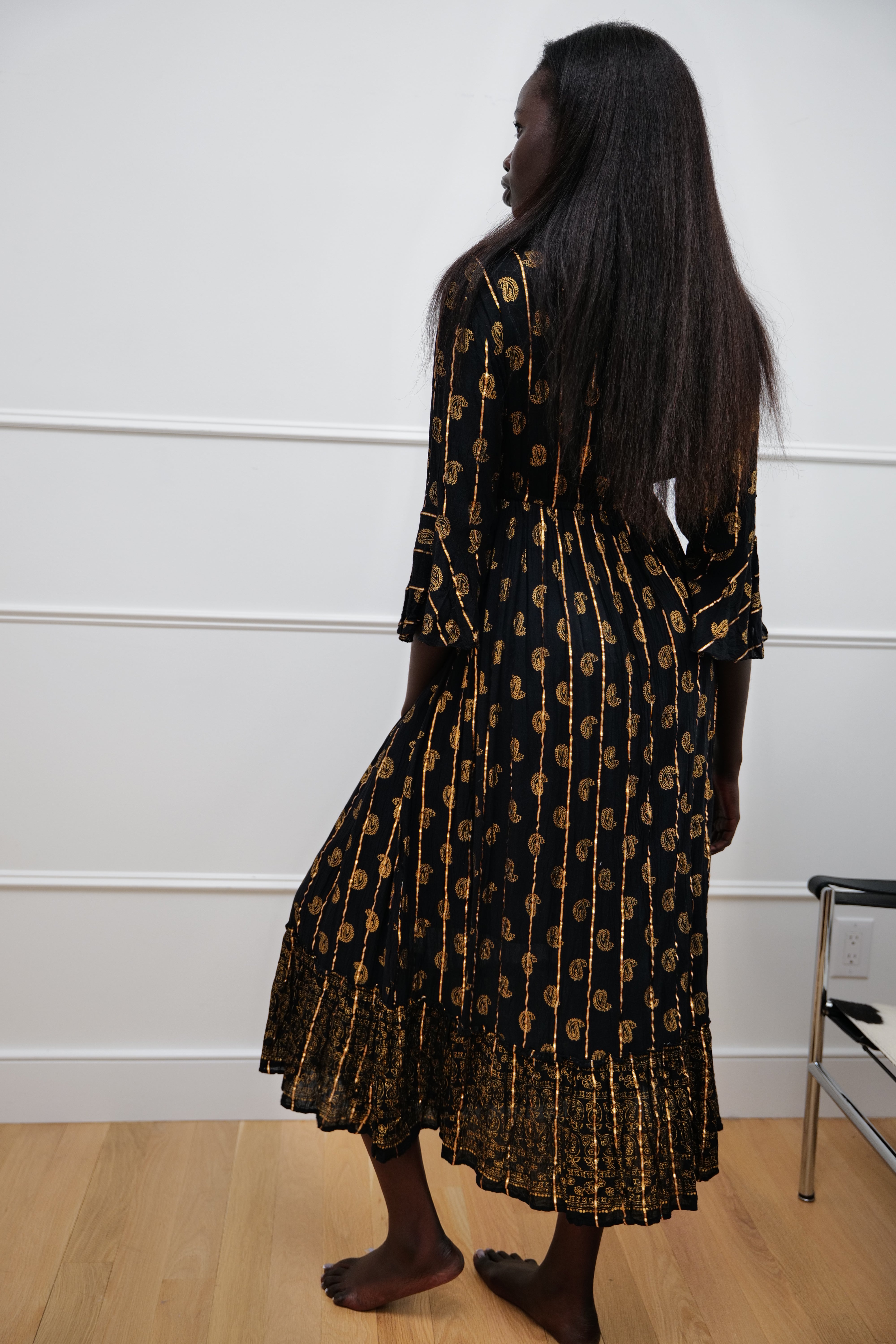 Midnight Muse Maxi Dress - Black with gold sequin - One Size