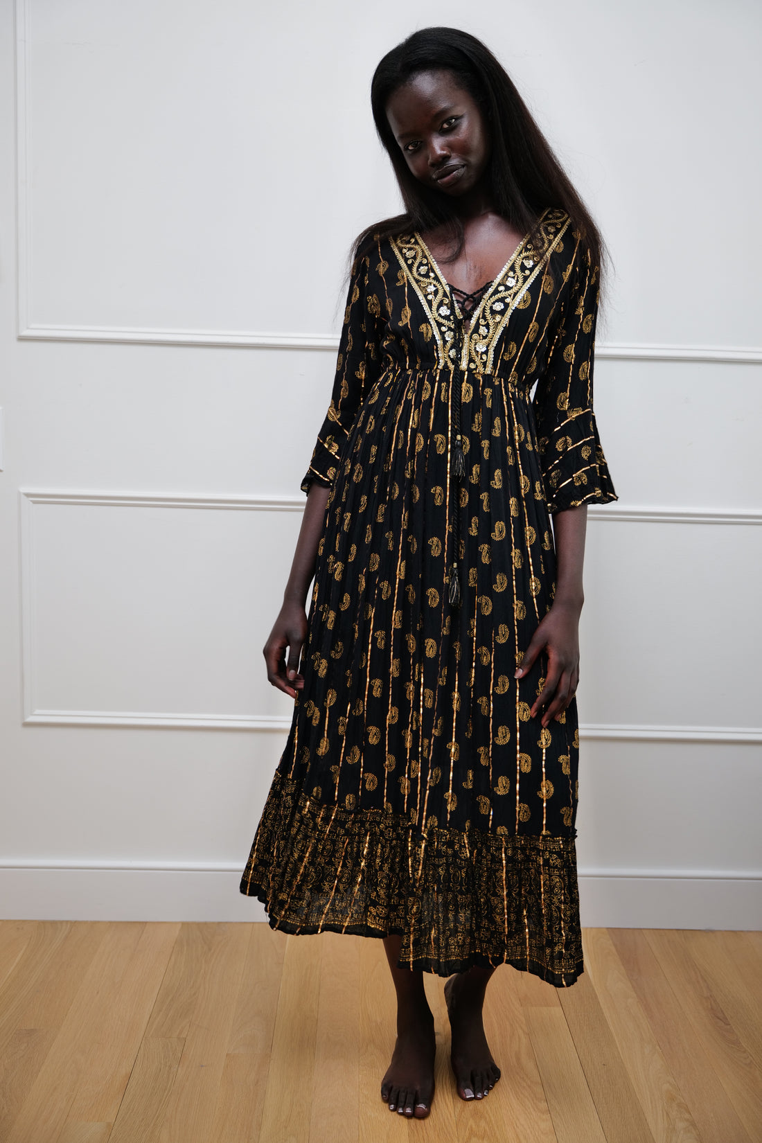 Midnight Muse Maxi Dress - Black with gold sequin - One Size