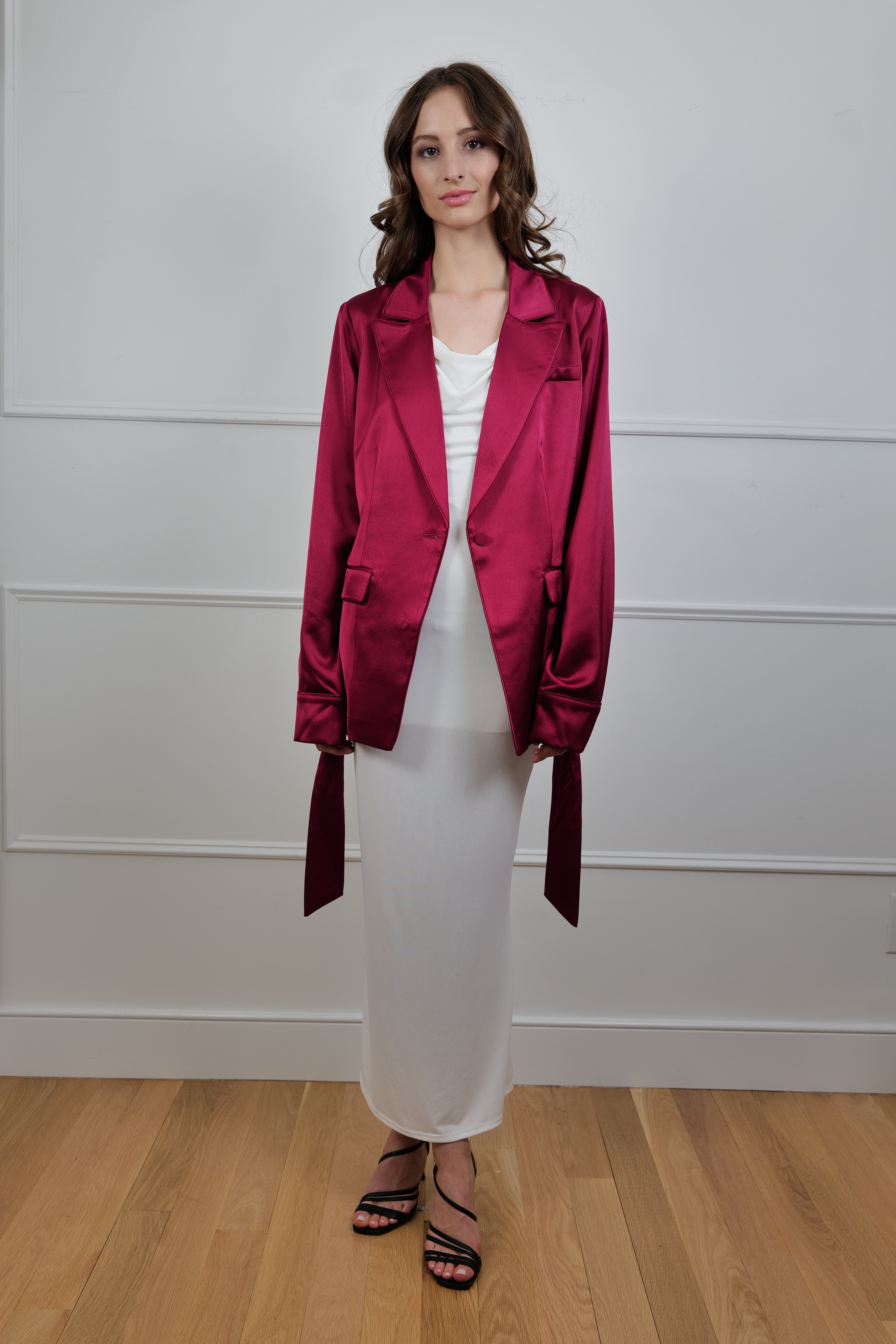 Crimson Luxe Satin Chic Bordeaux Jacket