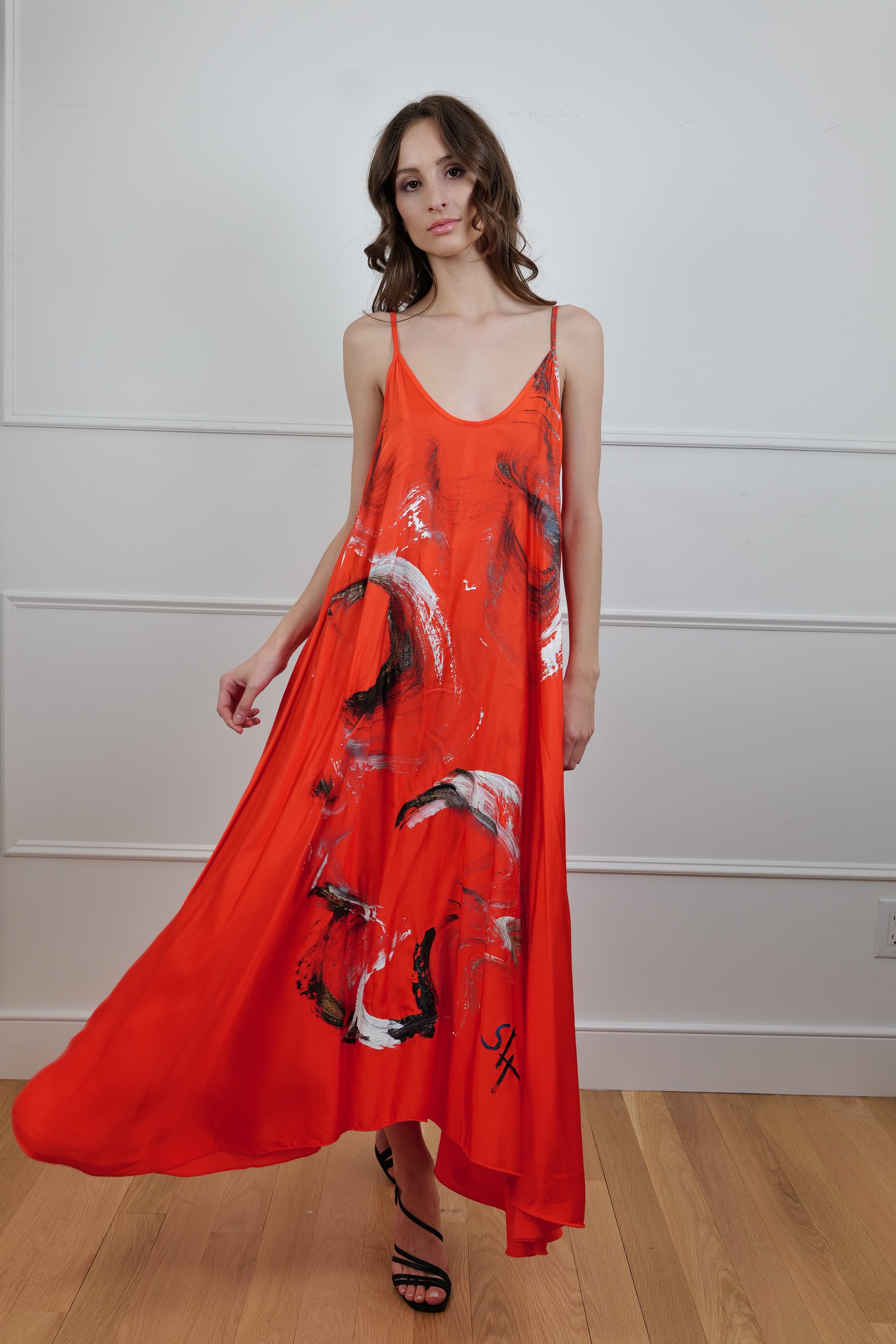 Hand-Painted Satin Maxi Dress - Premium Collection