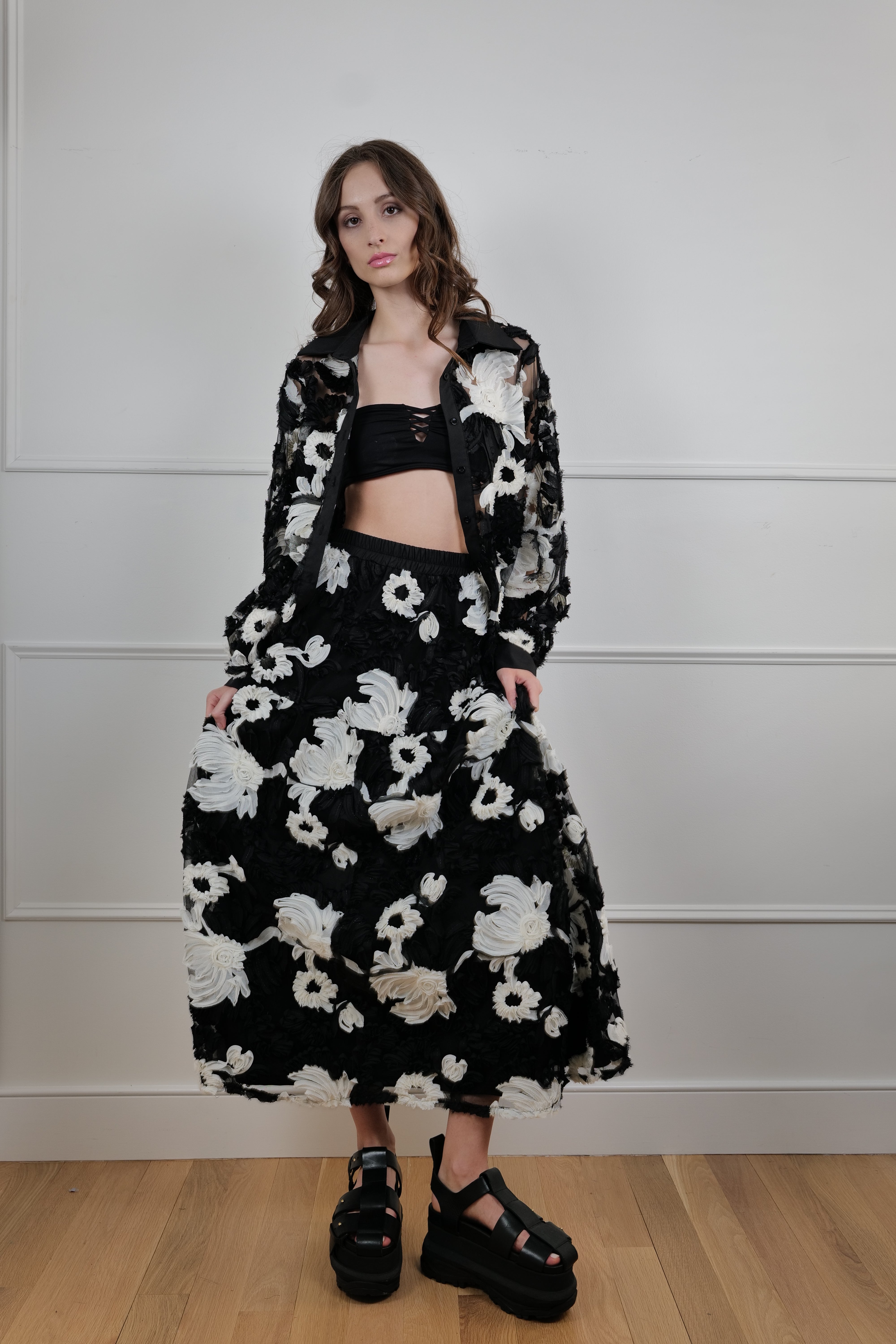 Black & White Floral Sheer Set
