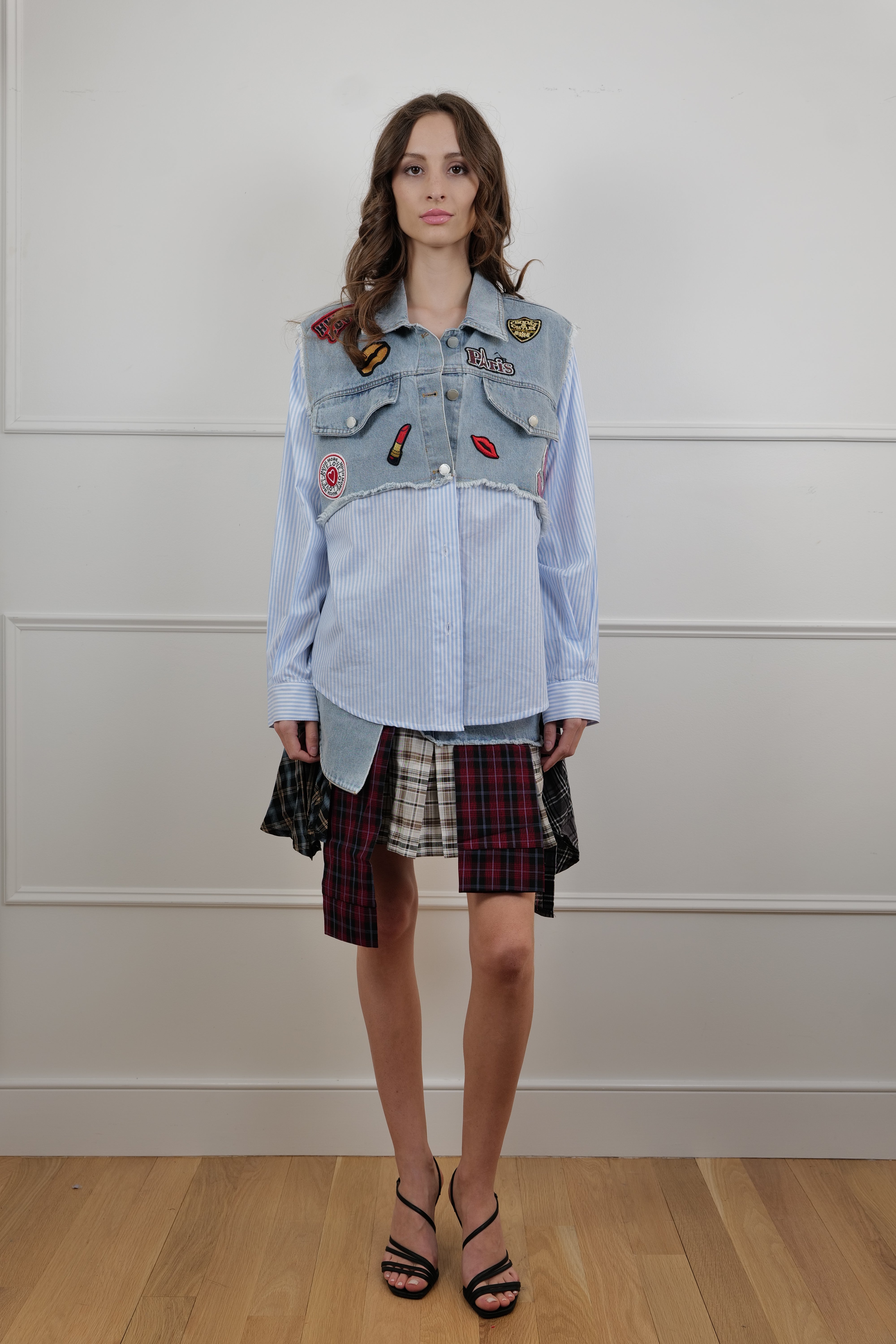 Denim & Plaid Patchwork Mini Skirt - Unique Pieces