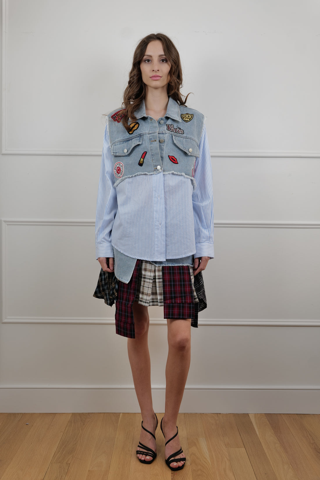 Denim & Plaid Patchwork Mini Skirt - Unique Pieces