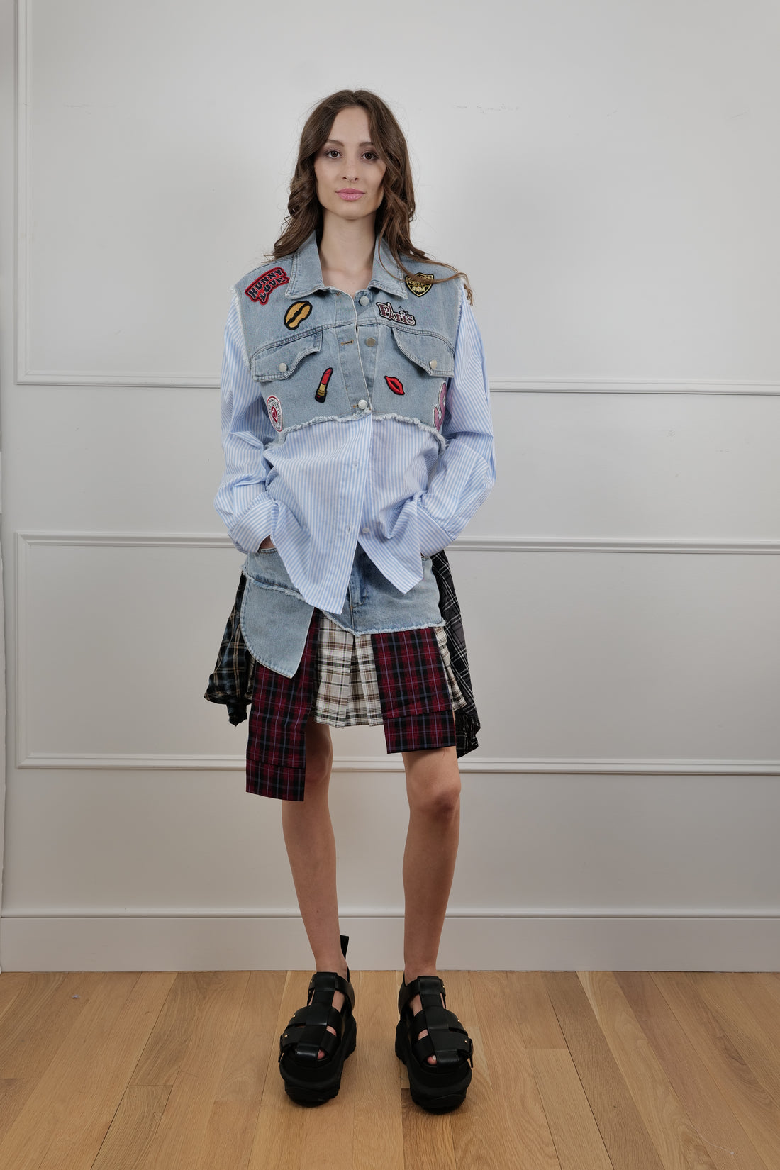 Denim & Plaid Patchwork Mini Skirt - Unique Pieces