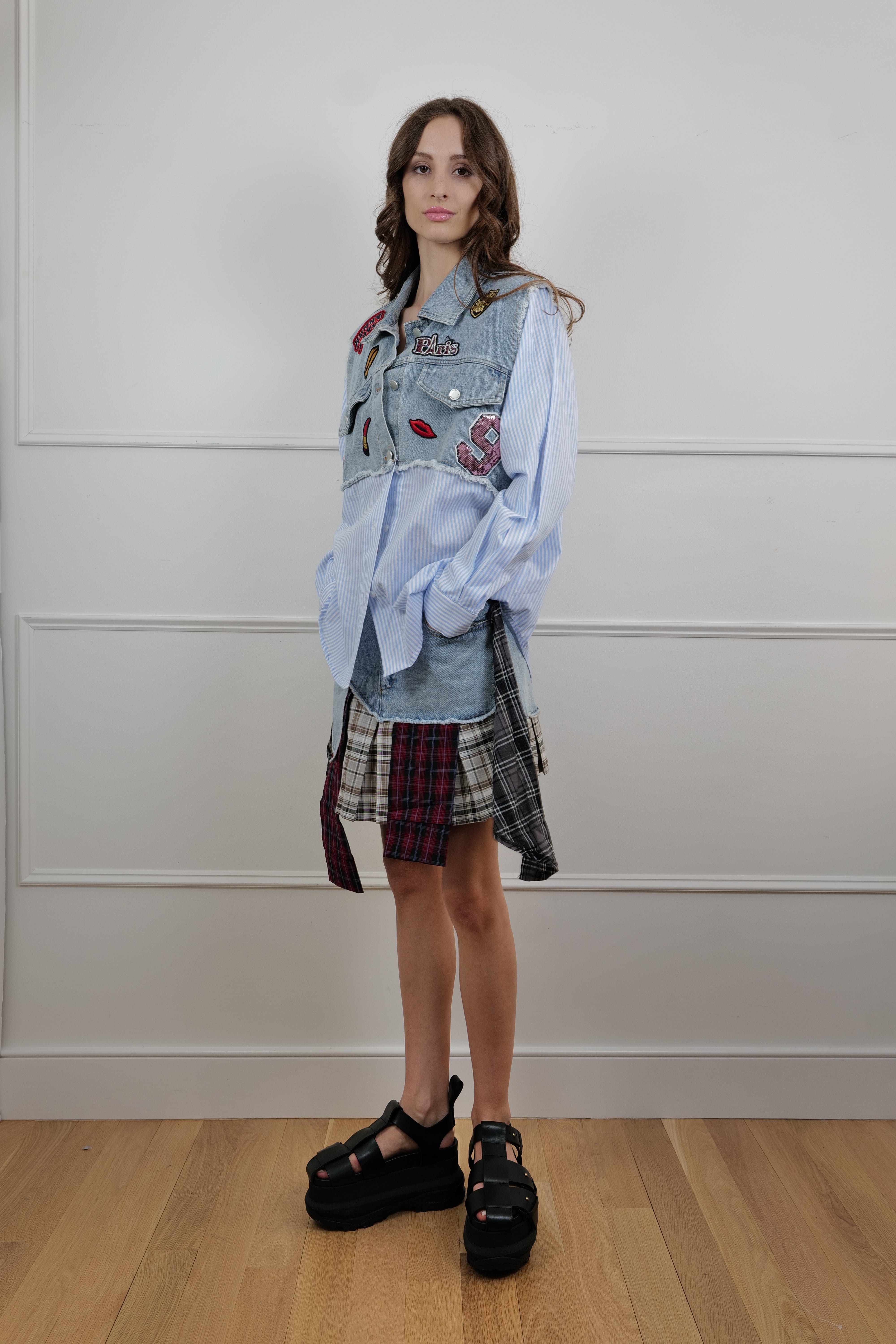 Denim & Plaid Patchwork Mini Skirt - Unique Pieces