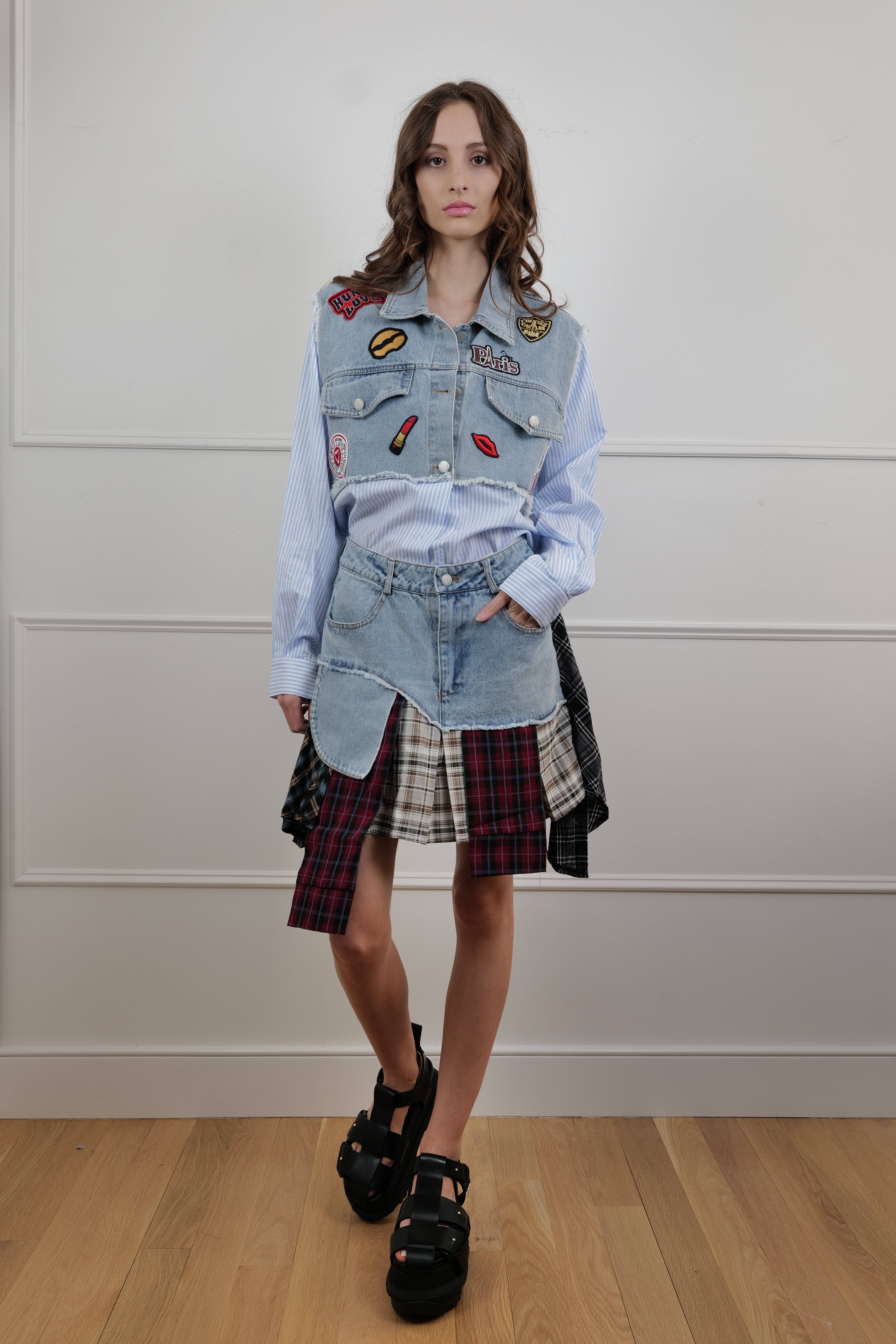 Denim & Plaid Patchwork Mini Skirt - Unique Pieces