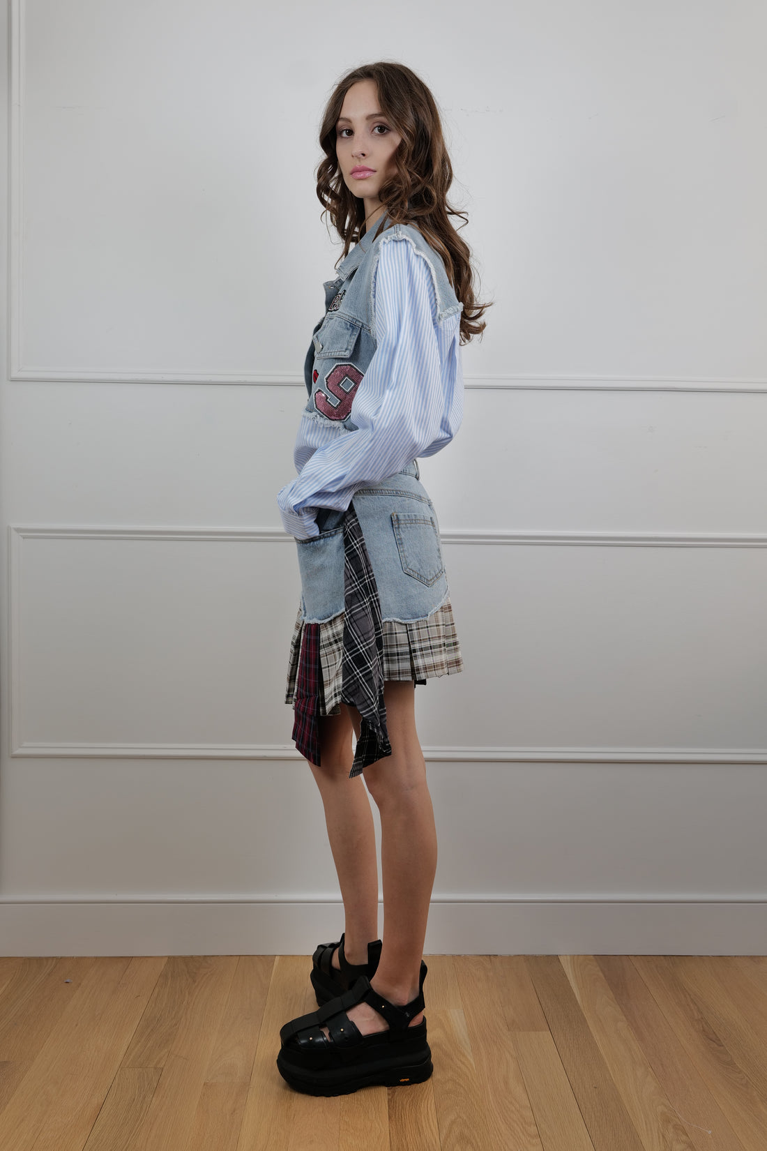 Denim & Plaid Patchwork Mini Skirt - Unique Pieces