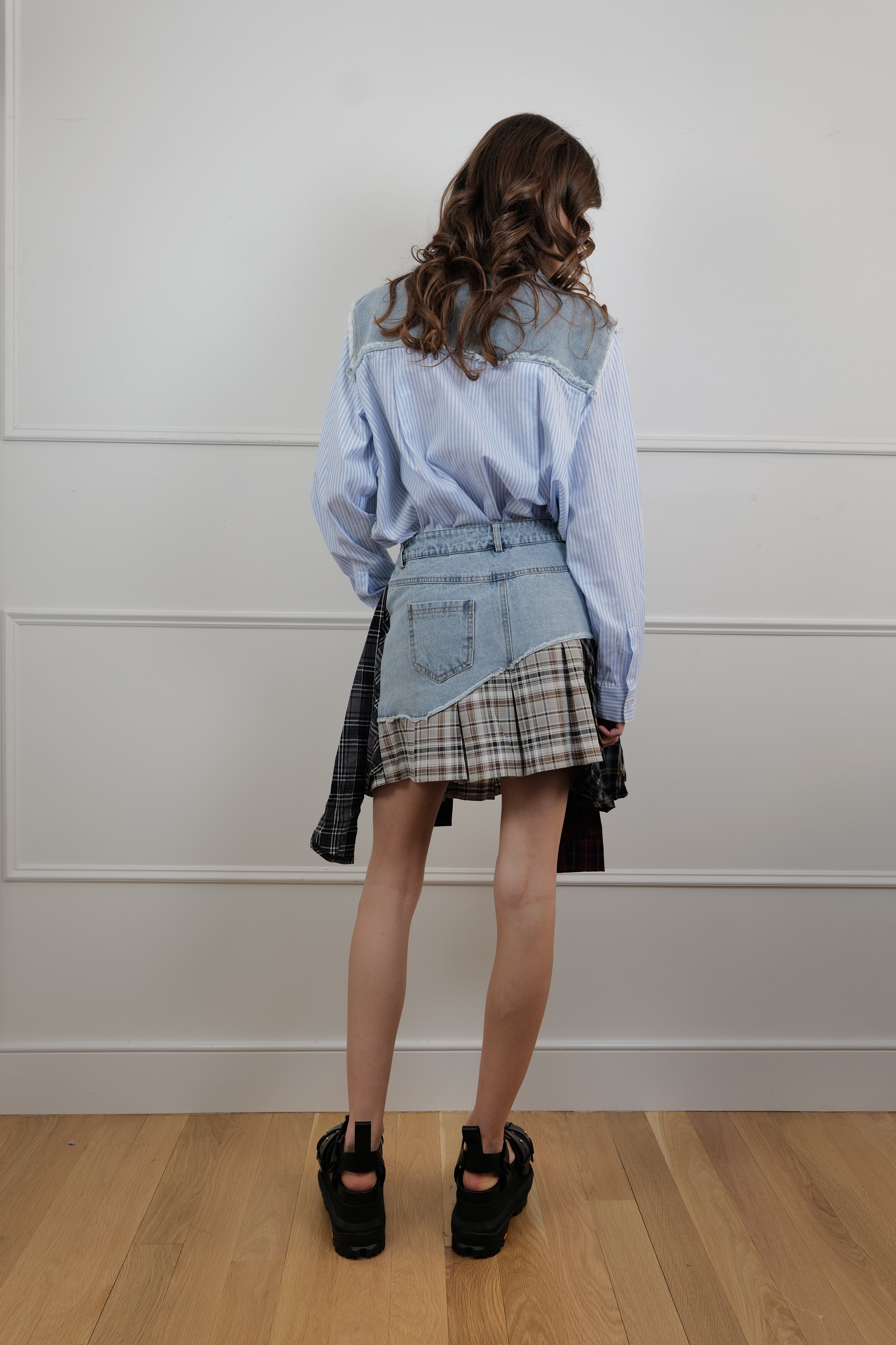 Denim & Plaid Patchwork Mini Skirt - Unique Pieces