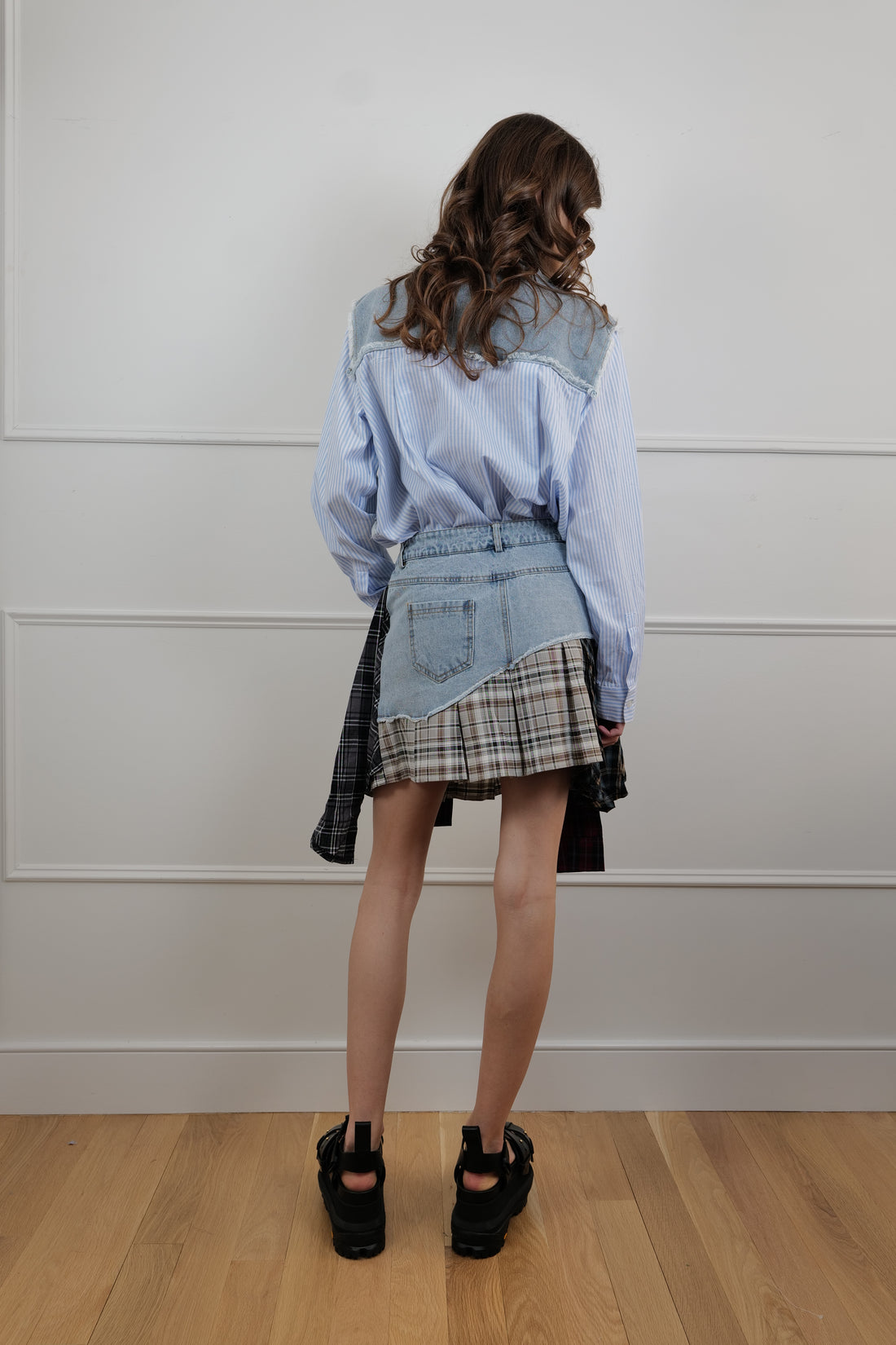 Denim & Plaid Patchwork Mini Skirt - Unique Pieces