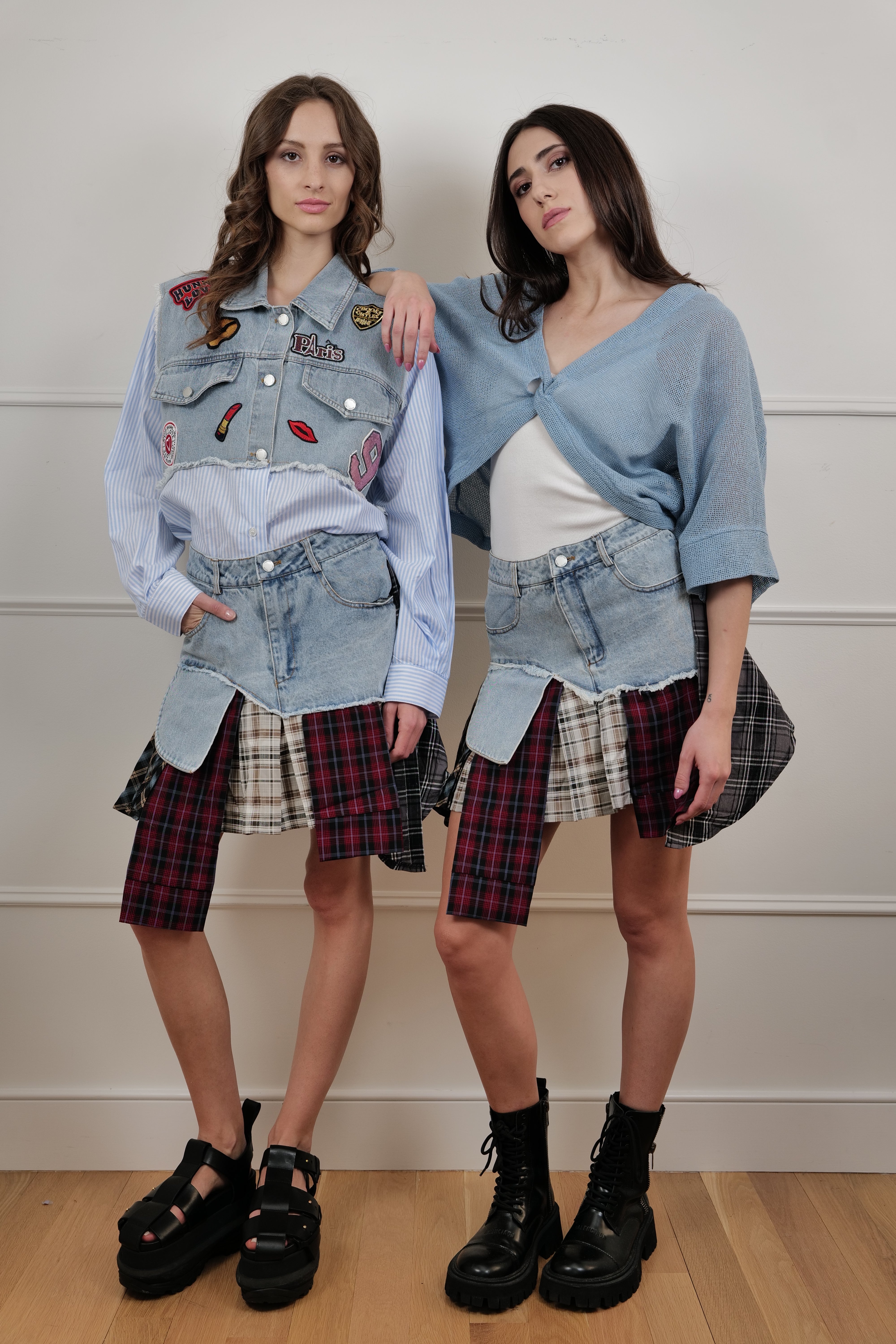 Denim & Plaid Patchwork Mini Skirt - Unique Pieces