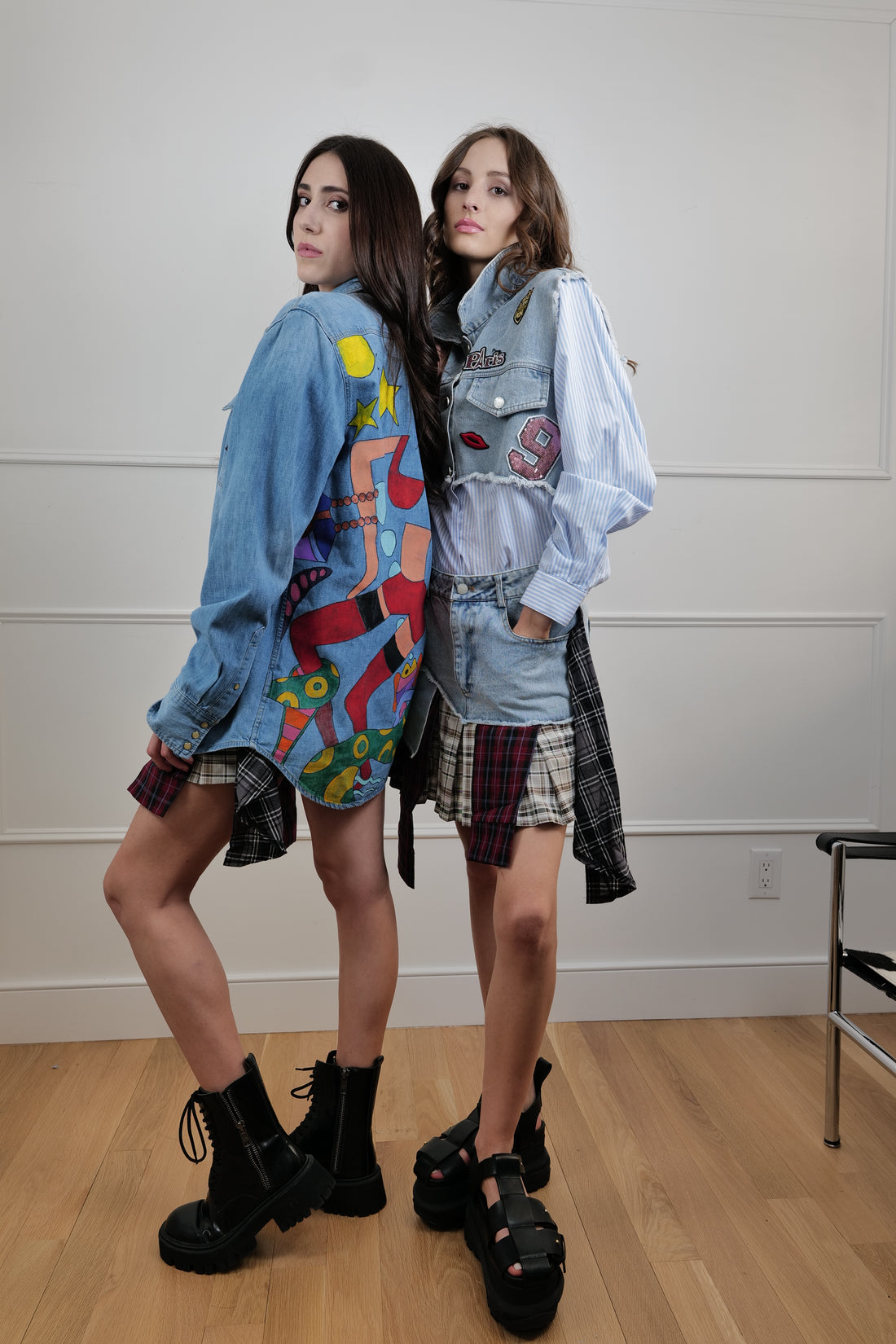 Denim & Plaid Patchwork Mini Skirt - Unique Pieces