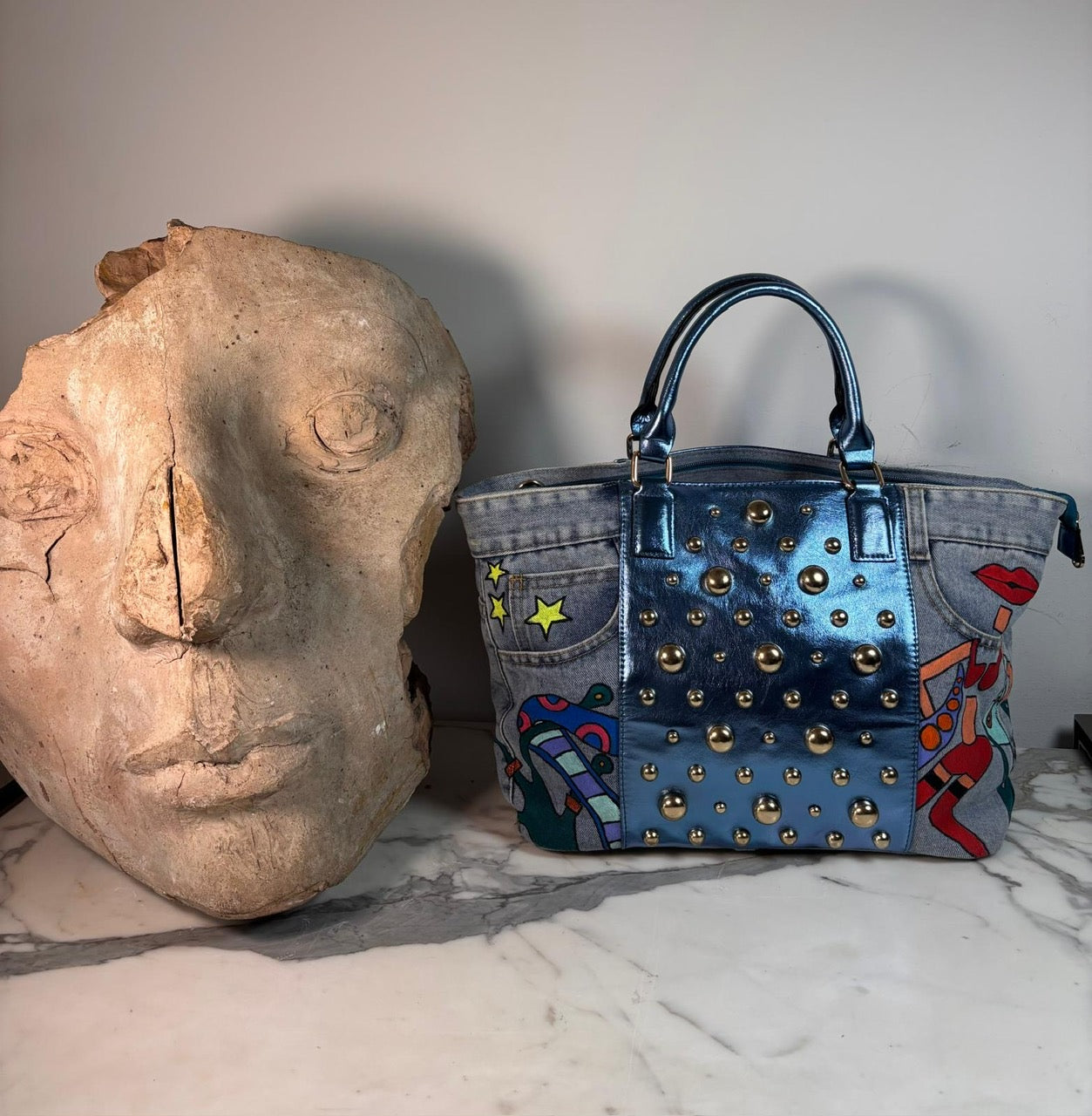 Bubbly Blue Denim Bag- Handpainted - La Bottega di Layla x Mieke Govaerts