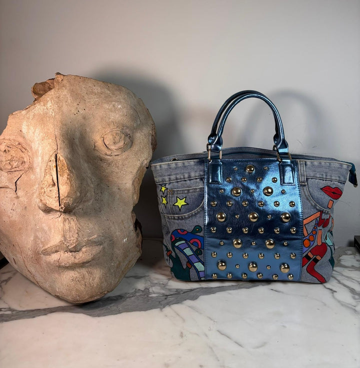 Bubbly Blue Denim Bag- Handpainted - La Bottega di Layla x Mieke Govaerts