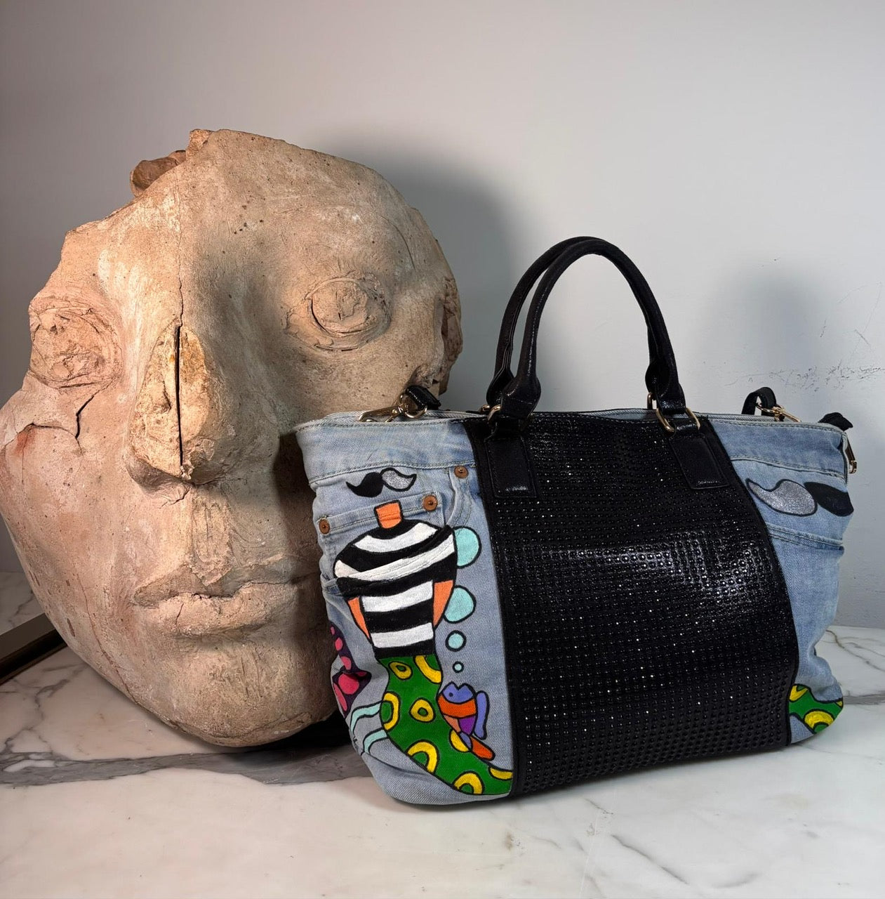 Glittery Black Denim Bag - Hand painted - La Bottega di Layla x Mieke Govaerts