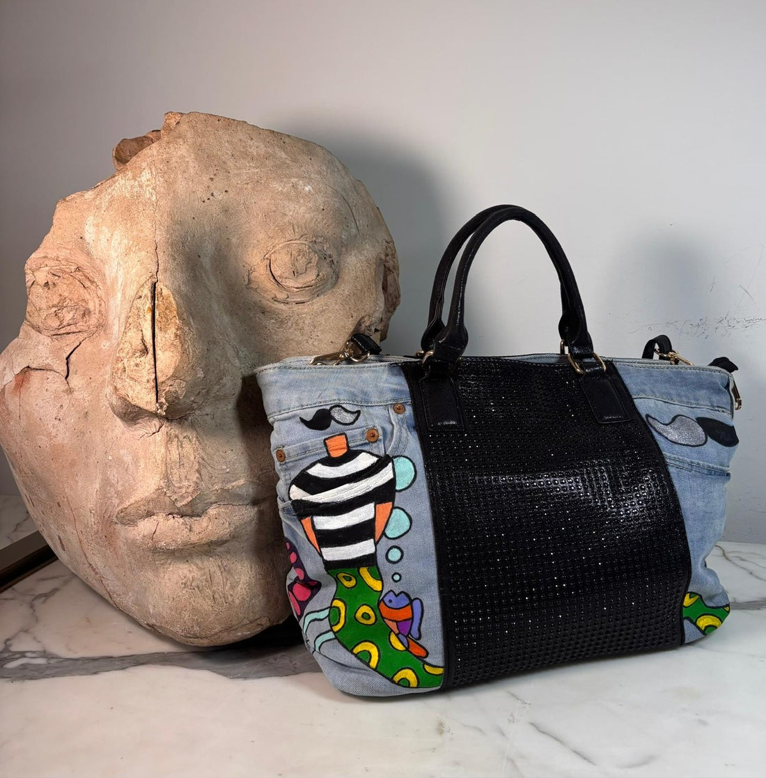 Glittery Black Denim Bag - Hand painted - La Bottega di Layla x Mieke Govaerts