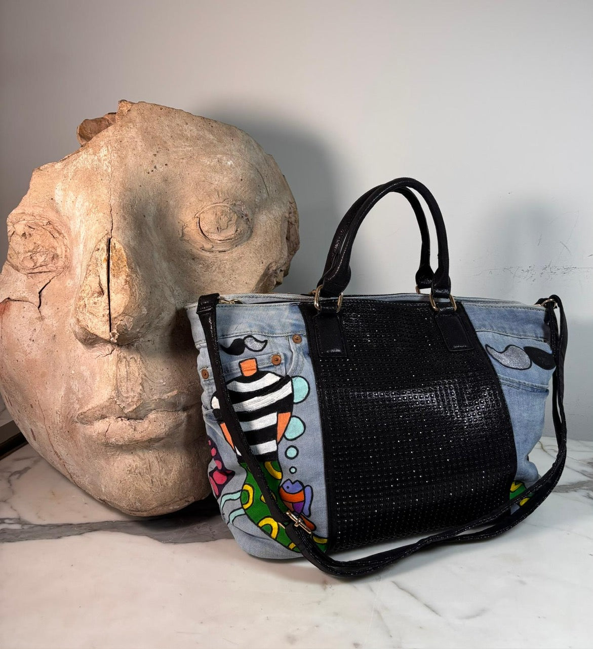 Glittery Black Denim Bag - Hand painted - La Bottega di Layla x Mieke Govaerts