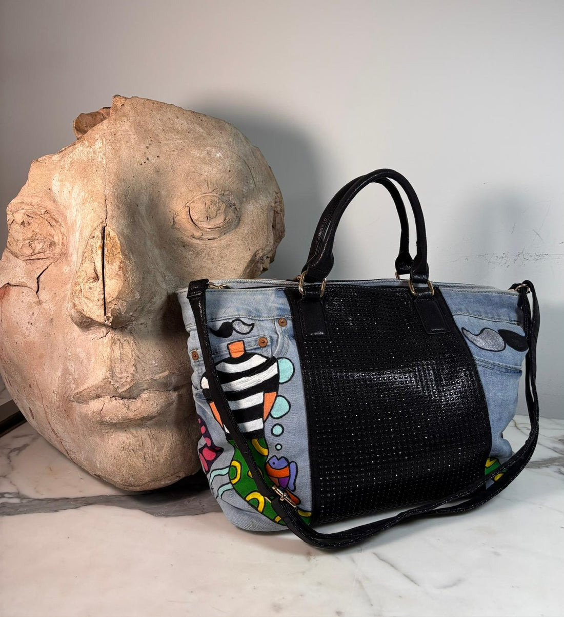 Glittery Black Denim Bag - Hand painted - La Bottega di Layla x Mieke Govaerts