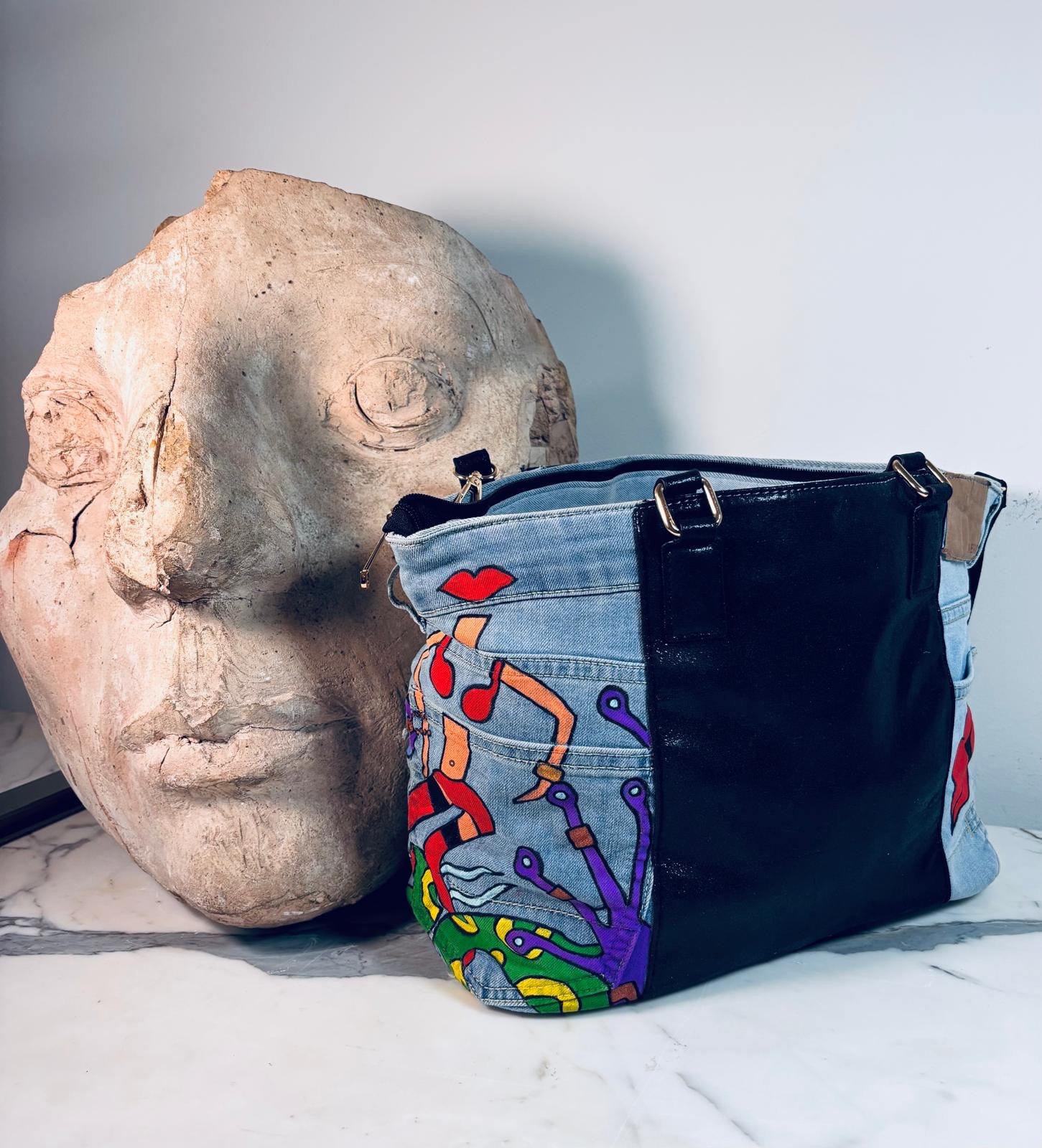 Glittery Black Denim Bag - Hand painted - La Bottega di Layla x Mieke Govaerts